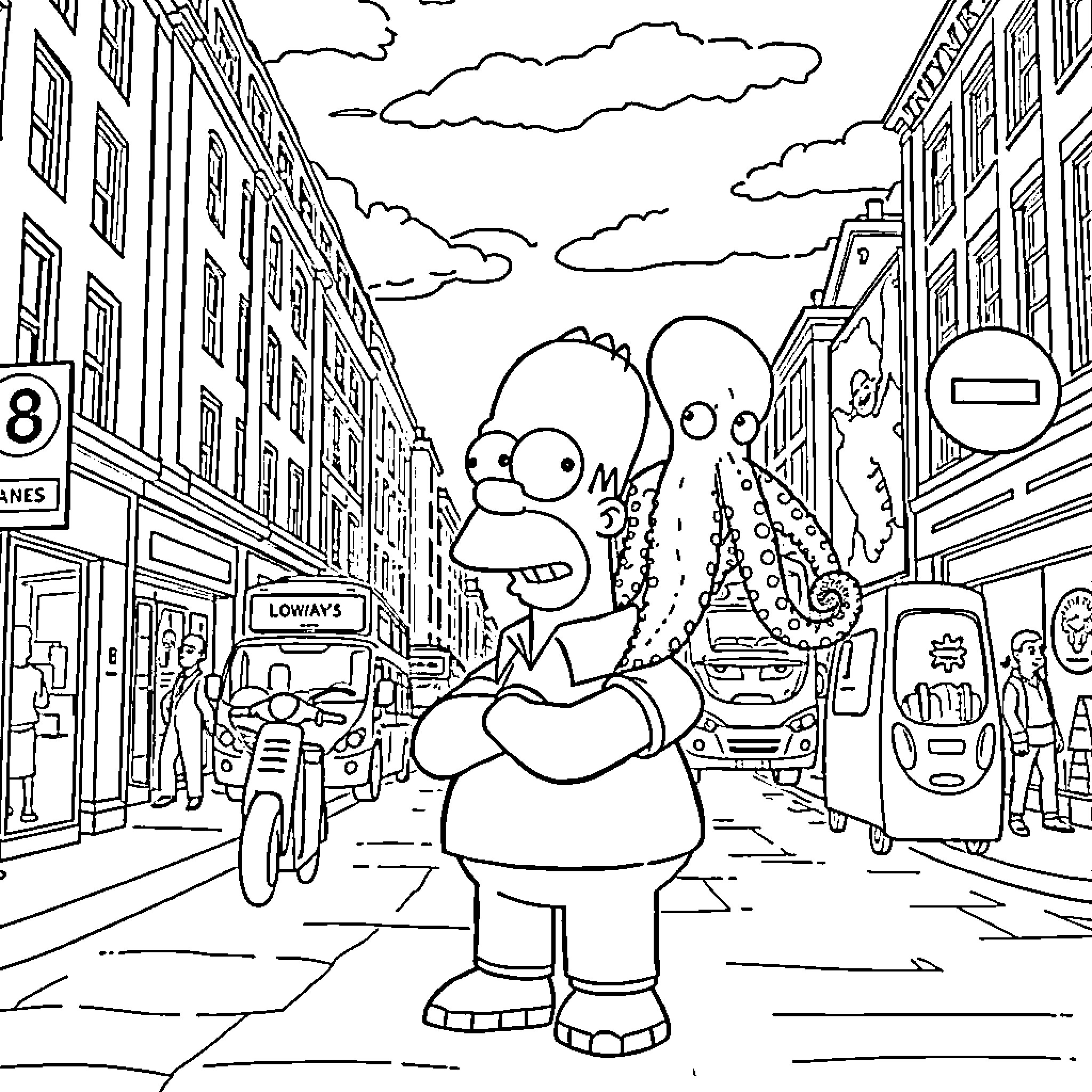 Homer Simpson exploring a busy city street Coloring Page (free black-and-white line drawing printable PDF for all, from beginners to advanced learners, including children, teens, adults, and seniors)
