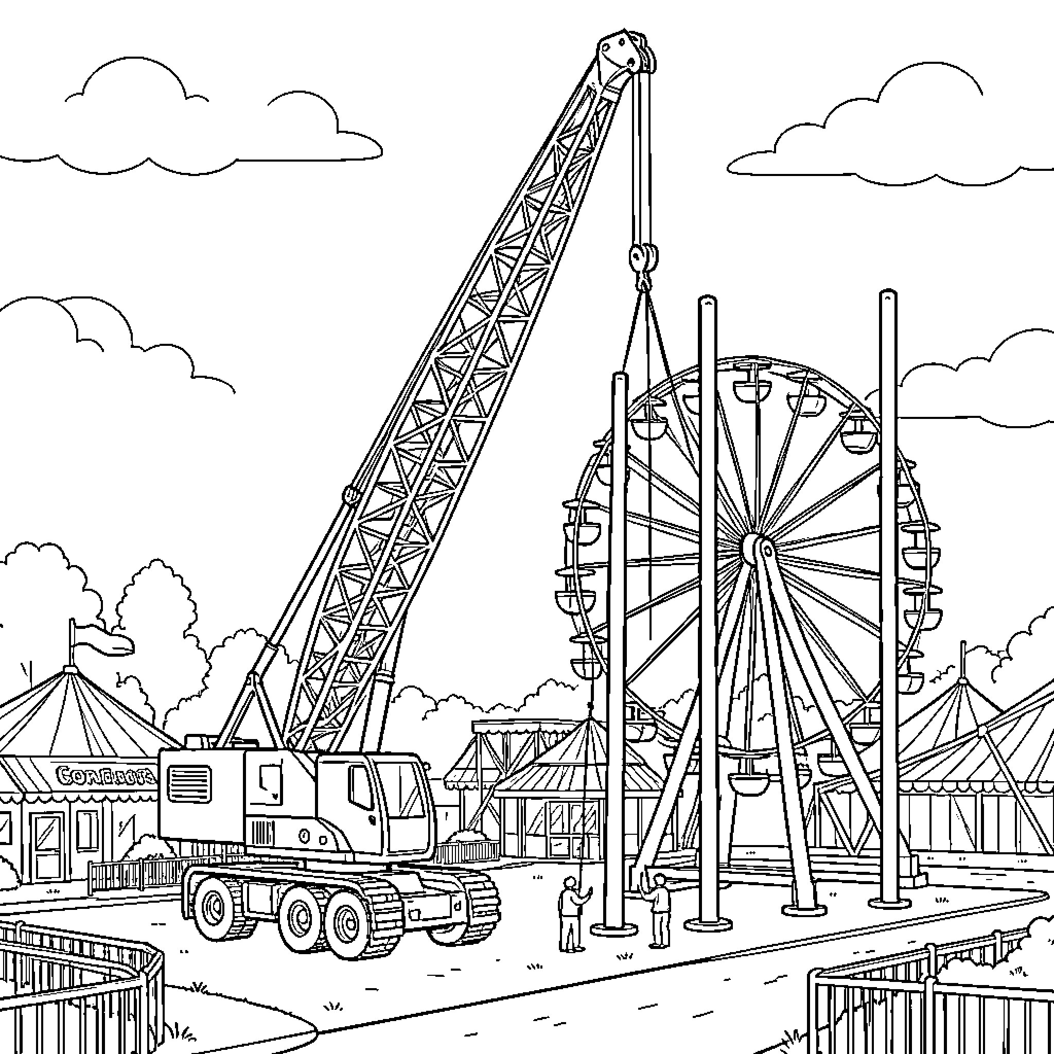 Crane lifting parts to build a Ferris wheel Coloring Page (free black-and-white line drawing printable PDF for all, from beginners to advanced learners, including children, teens, adults, and seniors)
