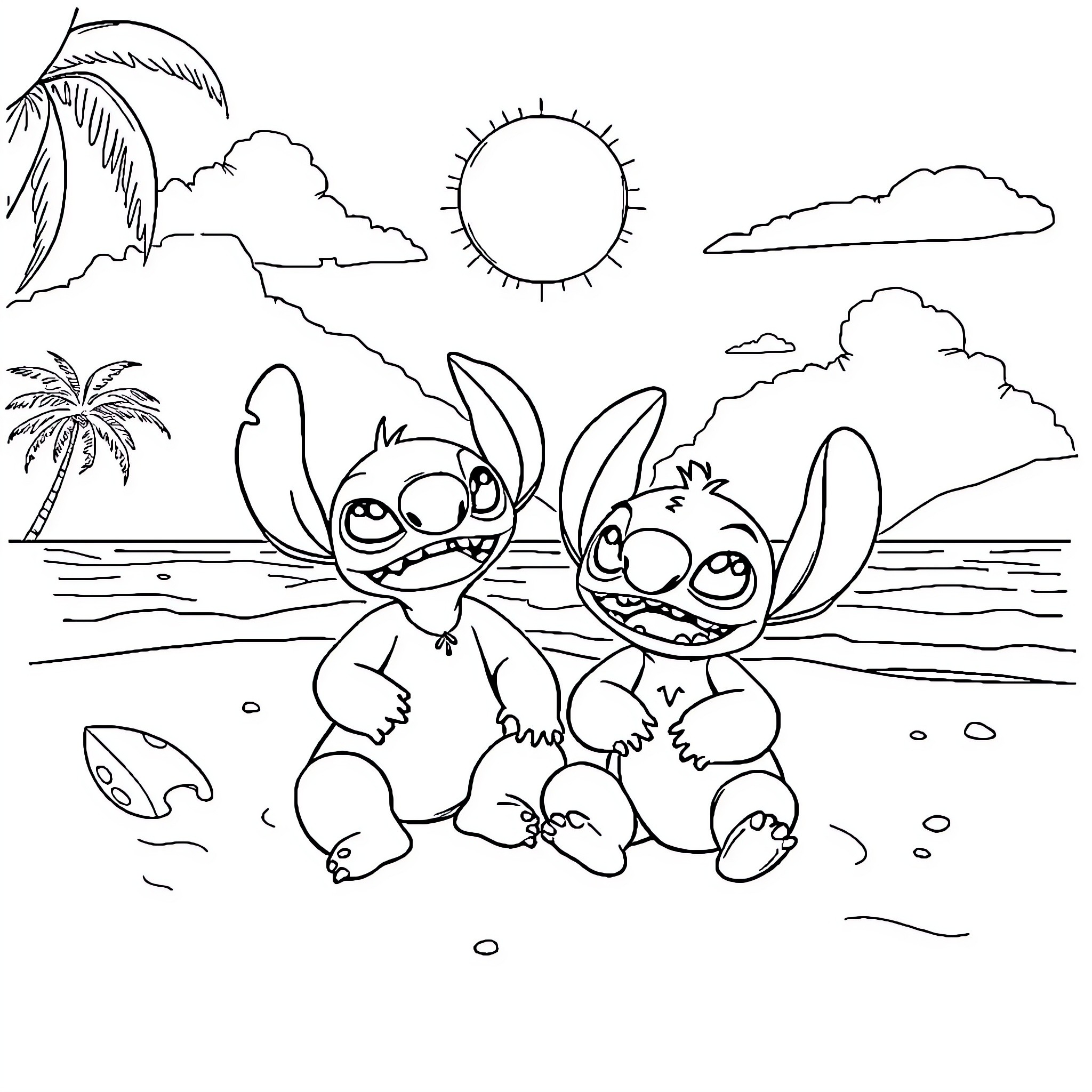 Lilo and Stitch playing on the beach Coloring Page (free black-and-white line drawing printable PDF for all, from beginners to advanced learners, including children, teens, adults, and seniors)