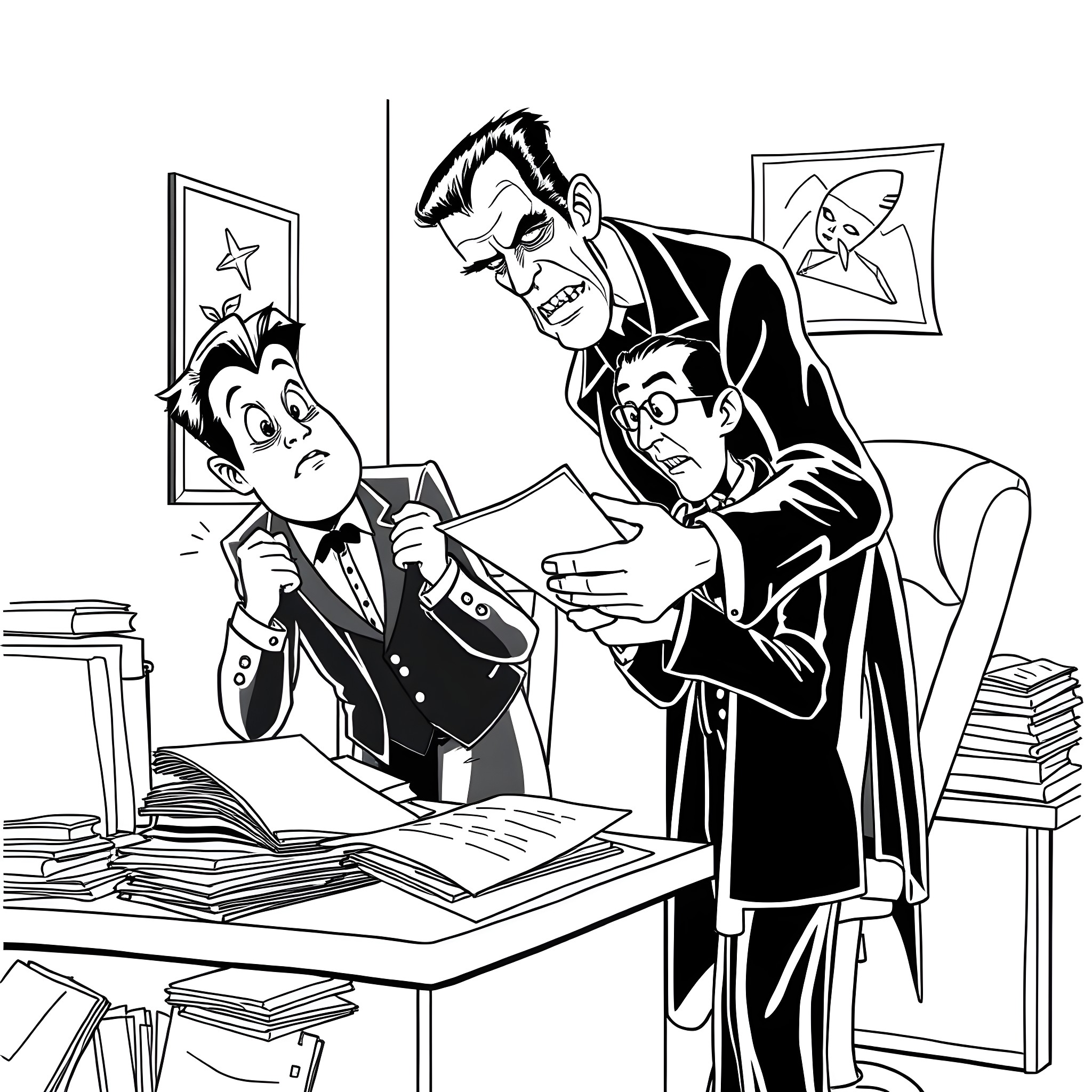 Herman Munster scolding his son Eddie for misbehaving Coloring Page (free black-and-white line drawing printable PDF for all, from beginners to advanced learners, including children, teens, adults, and seniors)