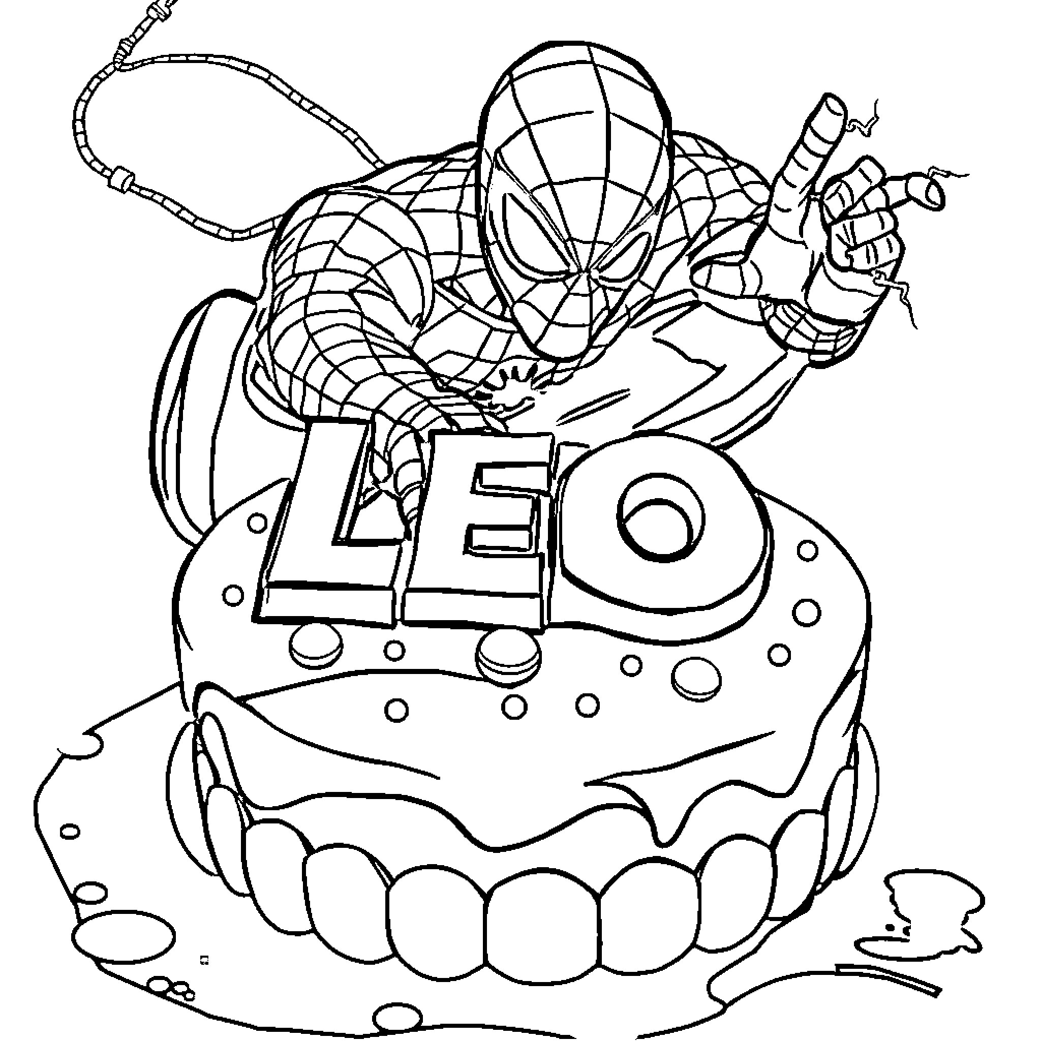Spiderman on a birthday cake with name Leo Coloring Page (free black-and-white line drawing printable PDF for all, from beginners to advanced learners, including children, teens, adults, and seniors)