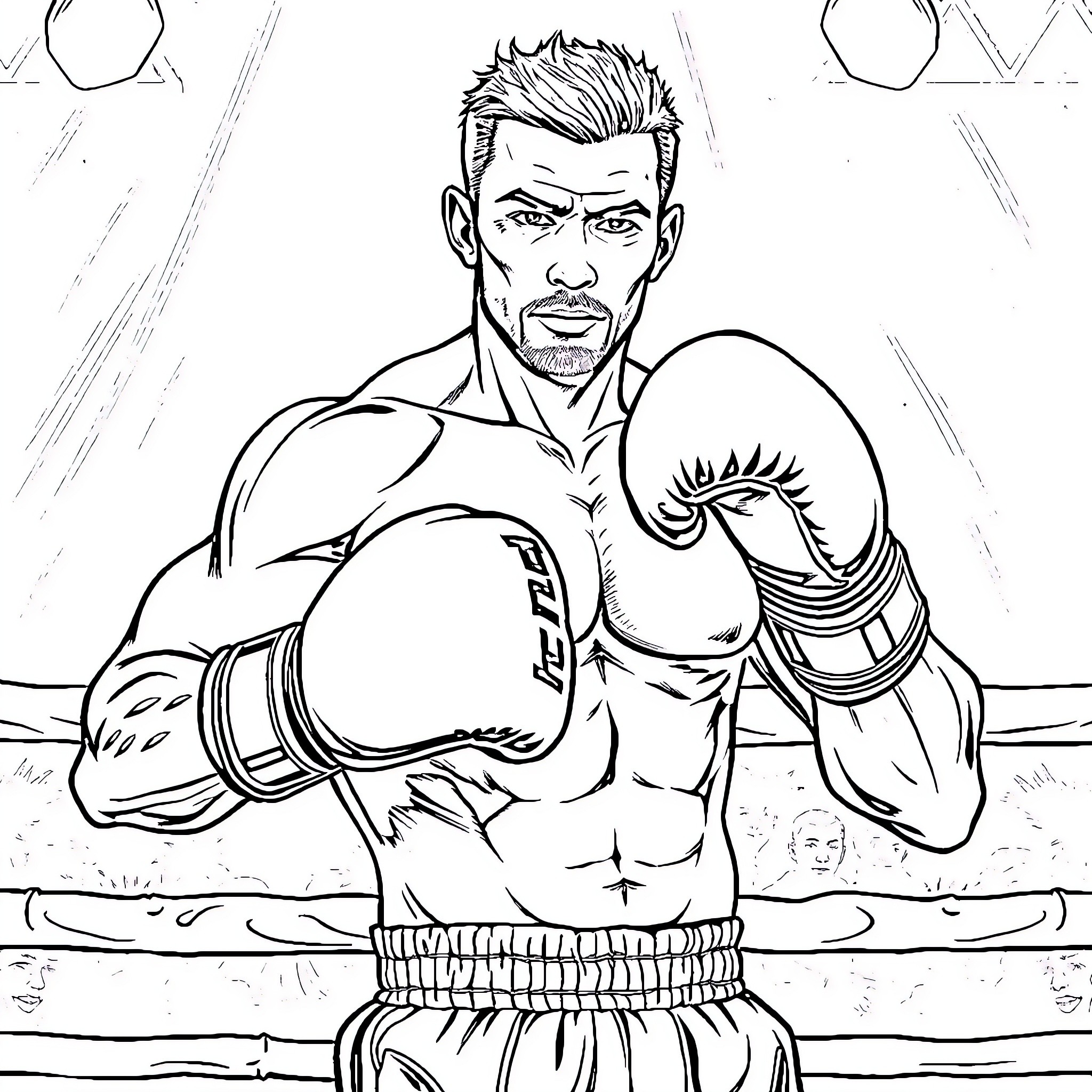 Man Preparing for Boxing Match in the Ring Coloring Page (free black-and-white line drawing printable PDF for all, from beginners to advanced learners, including children, teens, adults, and seniors)