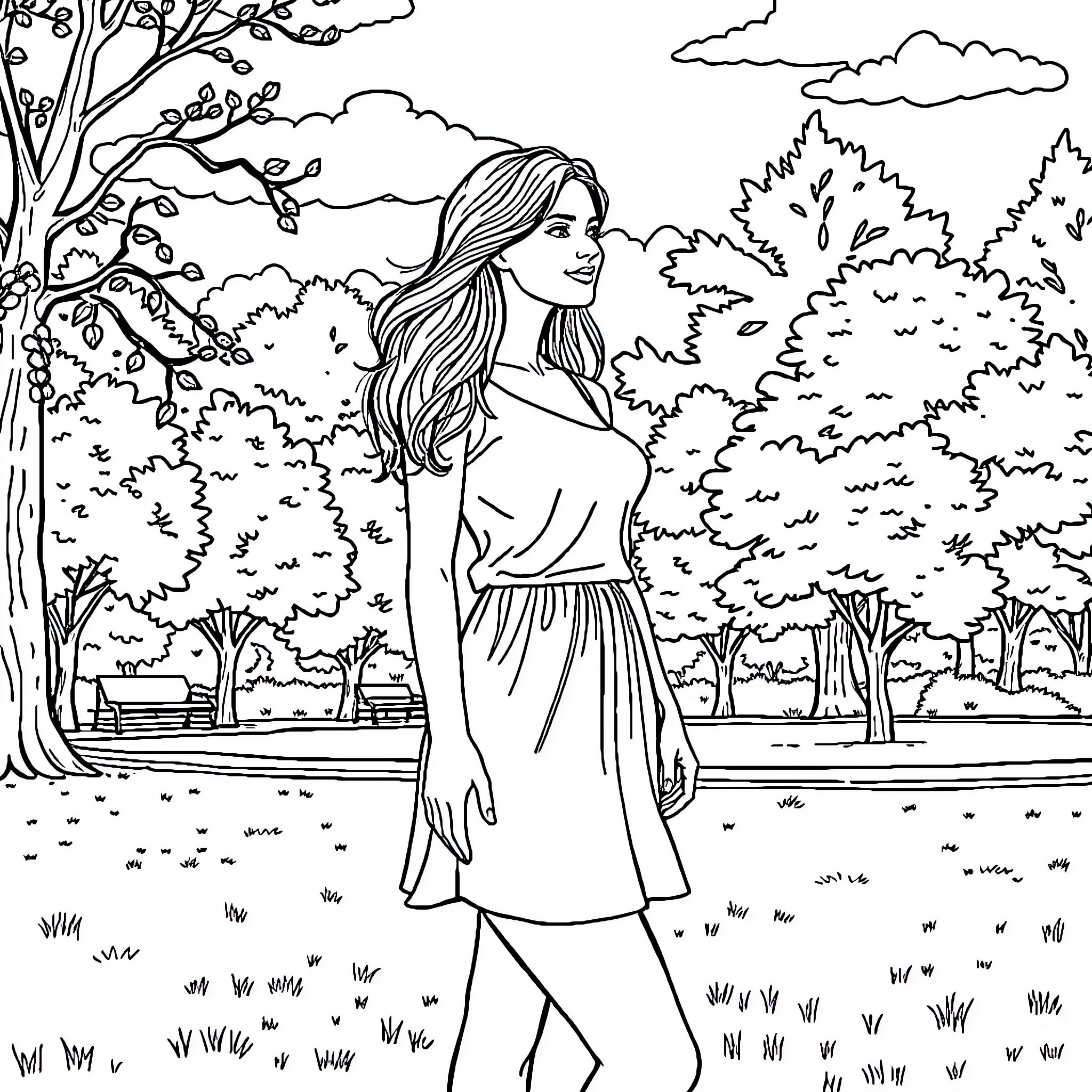 Woman enjoying a peaceful walk in the park Coloring Page (free black-and-white line drawing printable PDF for all, from beginners to advanced learners, including children, teens, adults, and seniors)