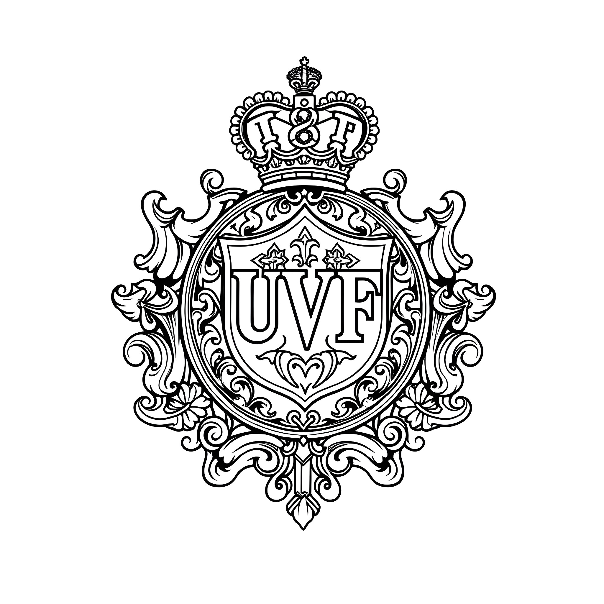 UVF Badge with Ornate Crown and Decorative Elements Coloring Page (free black-and-white line drawing printable PDF for all, from beginners to advanced learners, including children, teens, adults, and seniors)