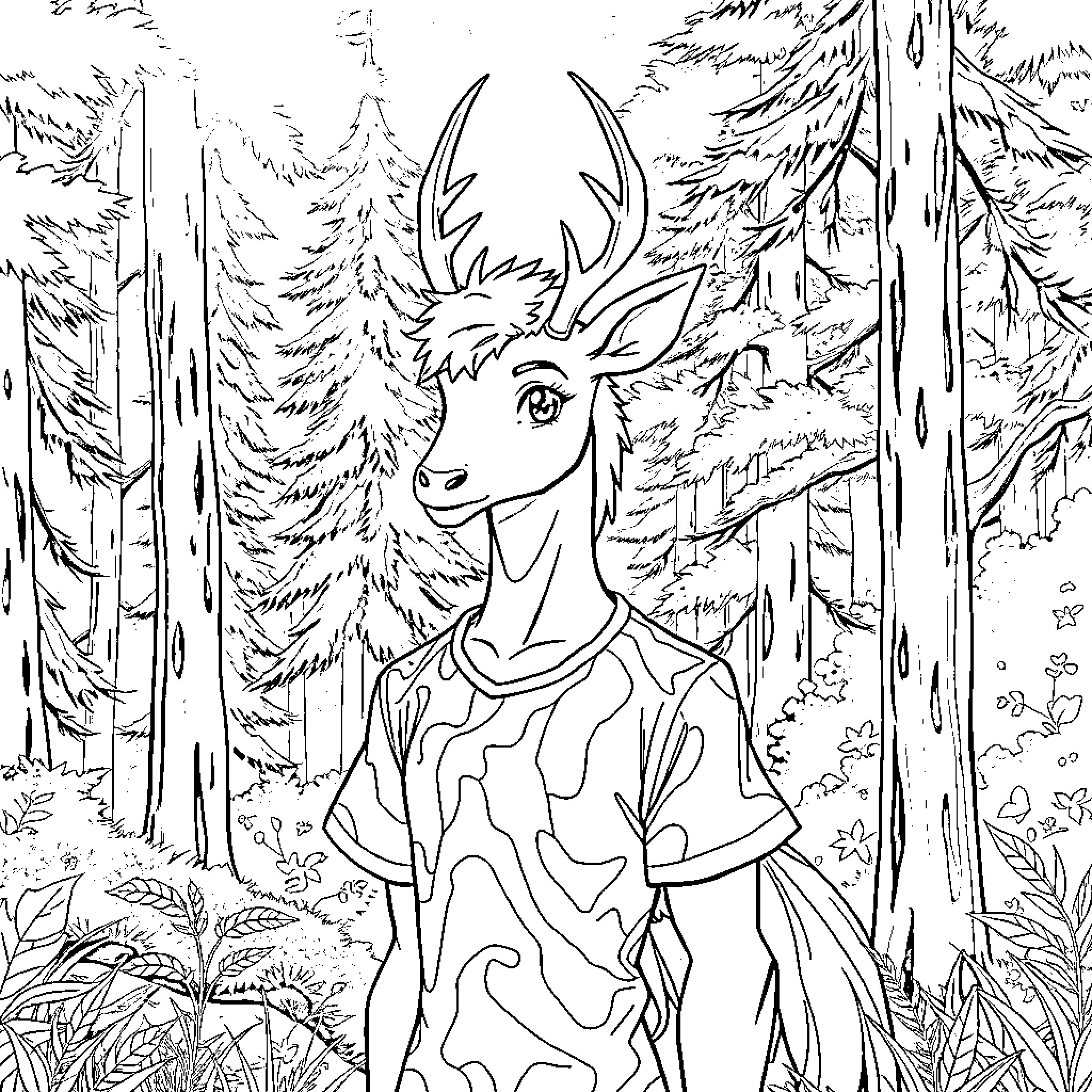 Deer exploring the enchanting forest Coloring Page (free black-and-white line drawing printable PDF for all, from beginners to advanced learners, including children, teens, adults, and seniors)