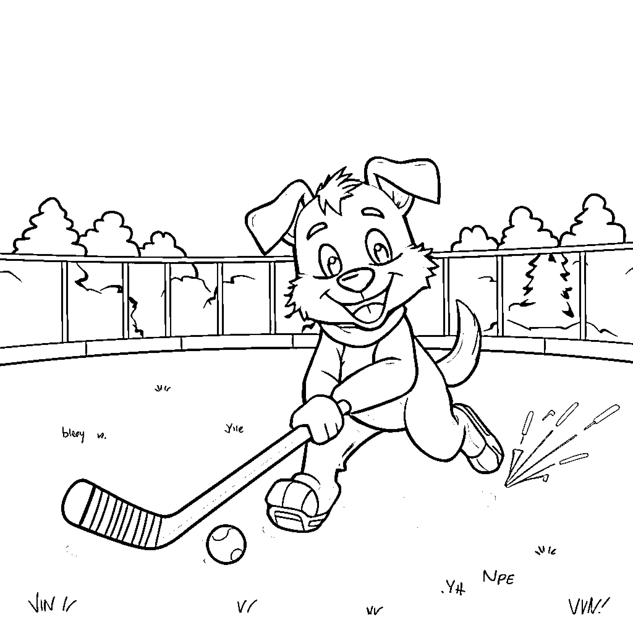 Bluey playing hockey on the rink Coloring Page (free black-and-white line drawing printable PDF for all, from beginners to advanced learners, including children, teens, adults, and seniors)