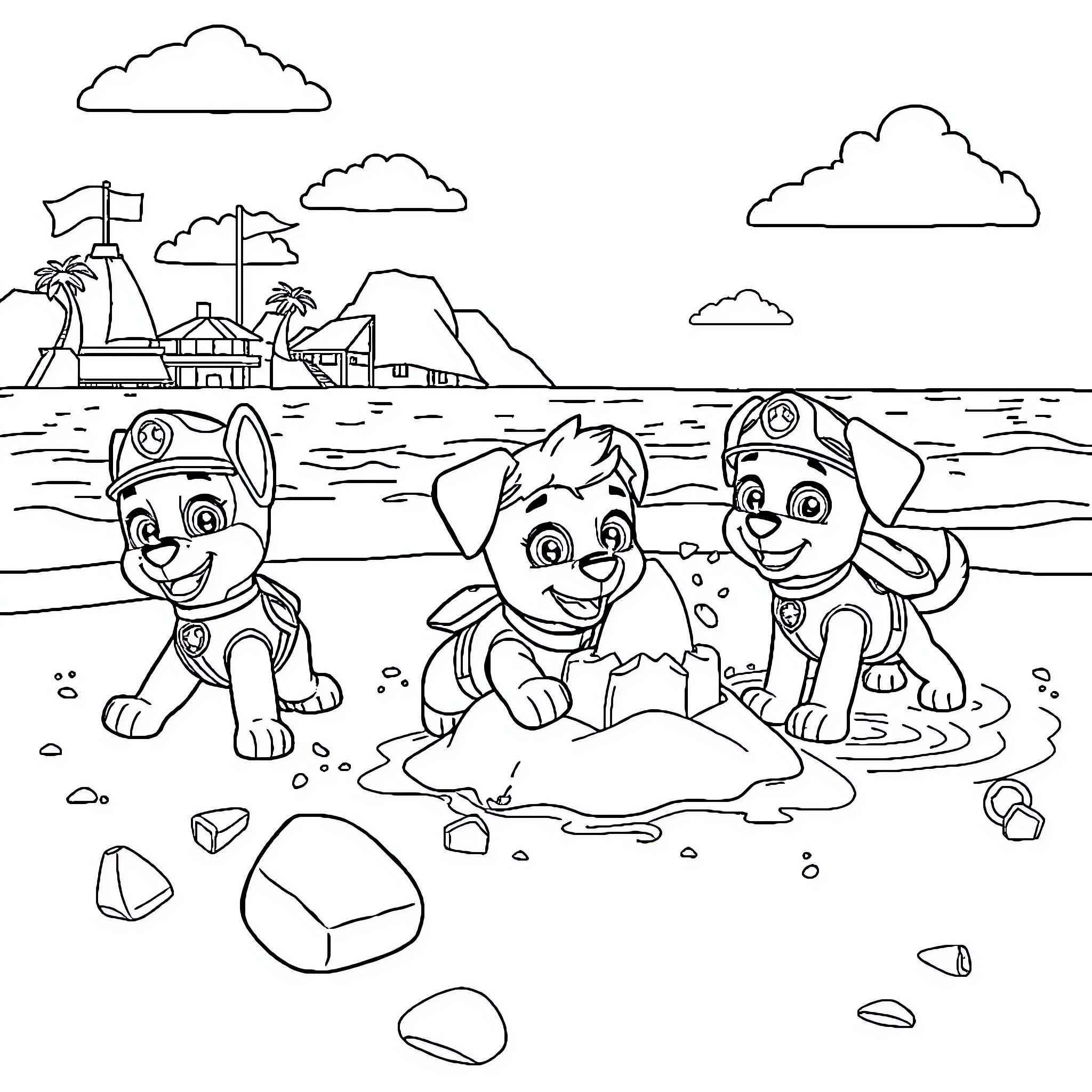 Paw Patrol pups playing on the beach Coloring Page (free black-and-white line drawing printable PDF for all, from beginners to advanced learners, including children, teens, adults, and seniors)