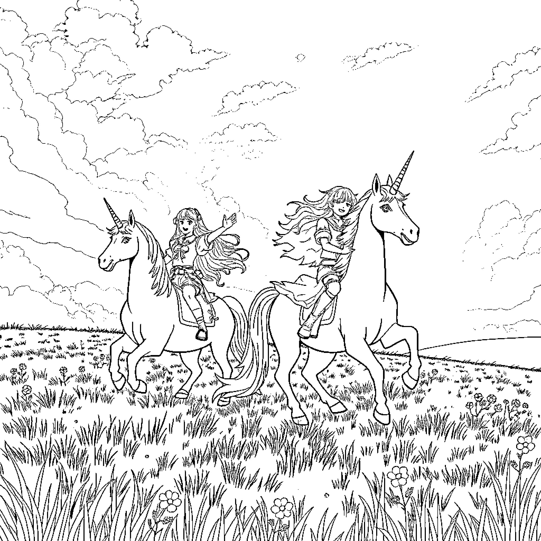 Unicorn Fairies Riding Through Enchanted Meadow Coloring Page (free black-and-white line drawing printable PDF for all, from beginners to advanced learners, including children, teens, adults, and seniors)