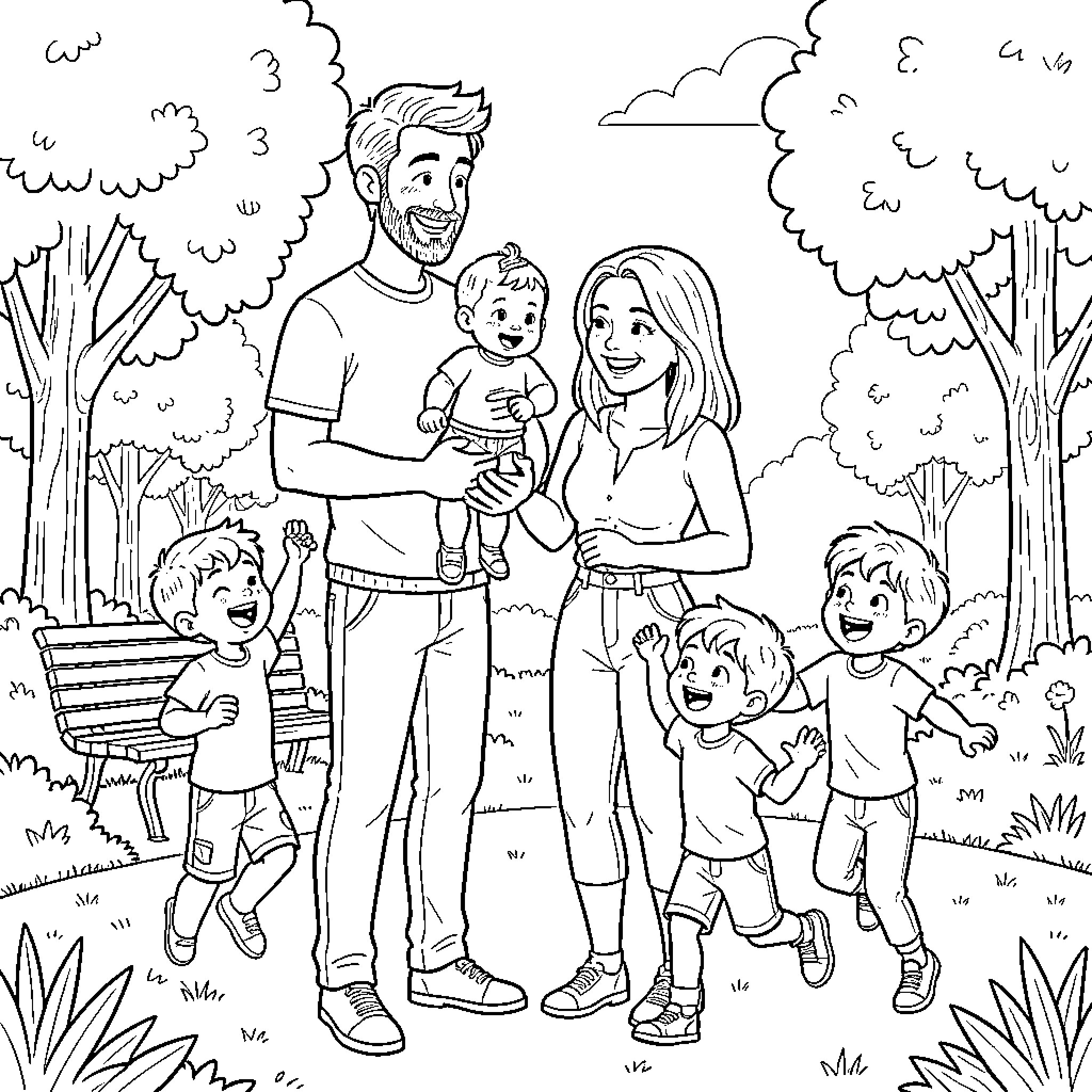 Family Outing in the Outdoor Park Coloring Page (free black-and-white line drawing printable PDF for all, from beginners to advanced learners, including children, teens, adults, and seniors)