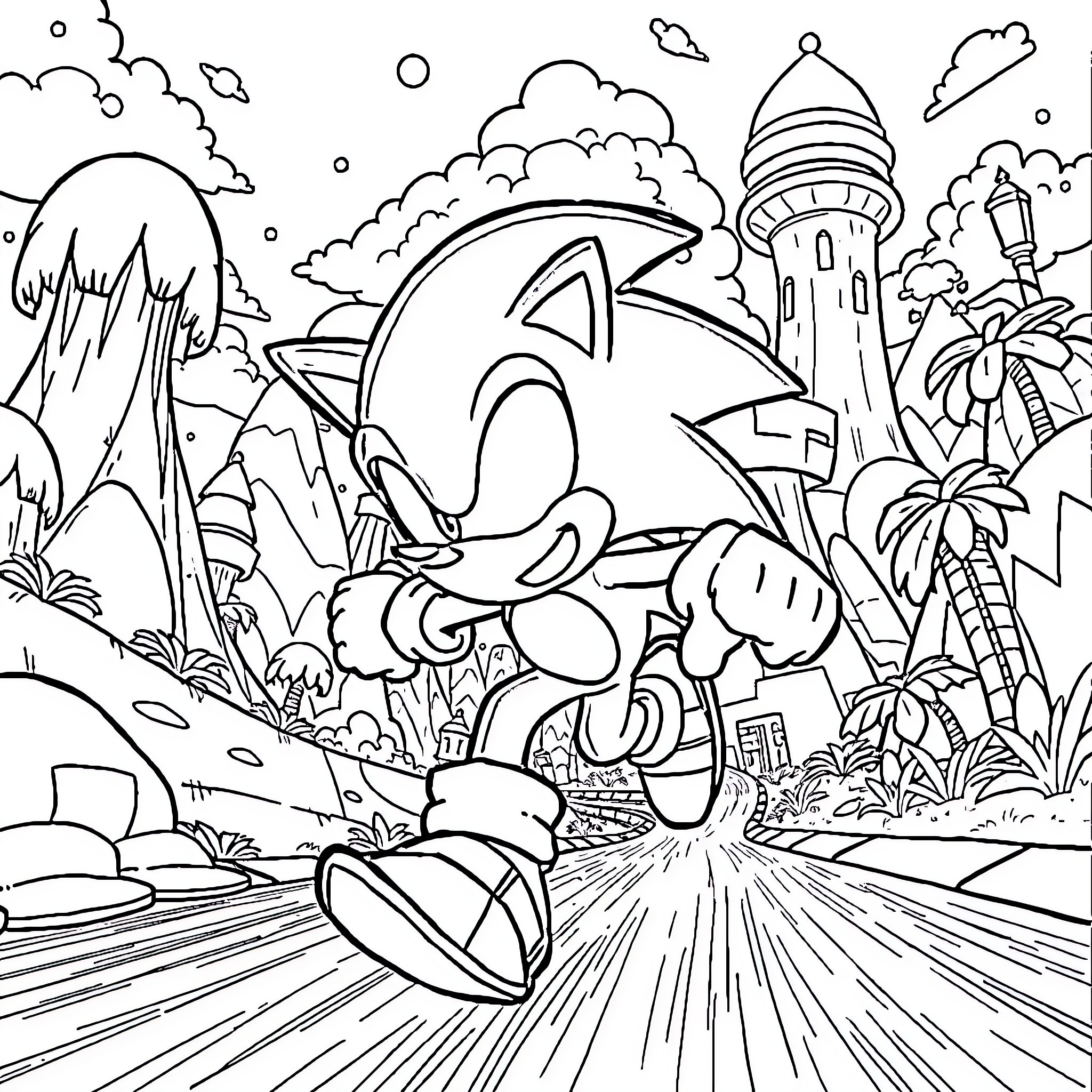 Sonic's Adventurous Journey Through a Vibrant Landscape Coloring Page (free black-and-white line drawing printable PDF for all, from beginners to advanced learners, including children, teens, adults, and seniors)