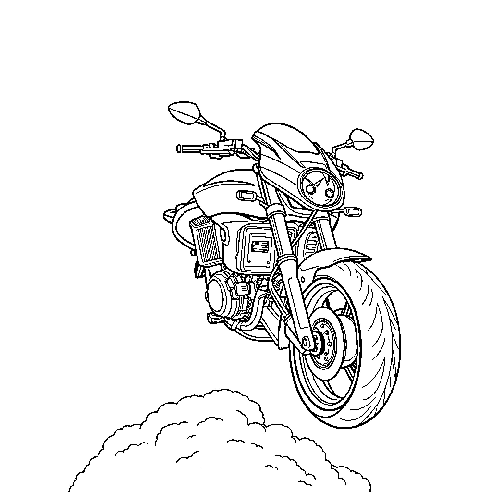 Flying Motorcycle Soaring Through the Clouds Coloring Page (free black-and-white line drawing printable PDF for all, from beginners to advanced learners, including children, teens, adults, and seniors)