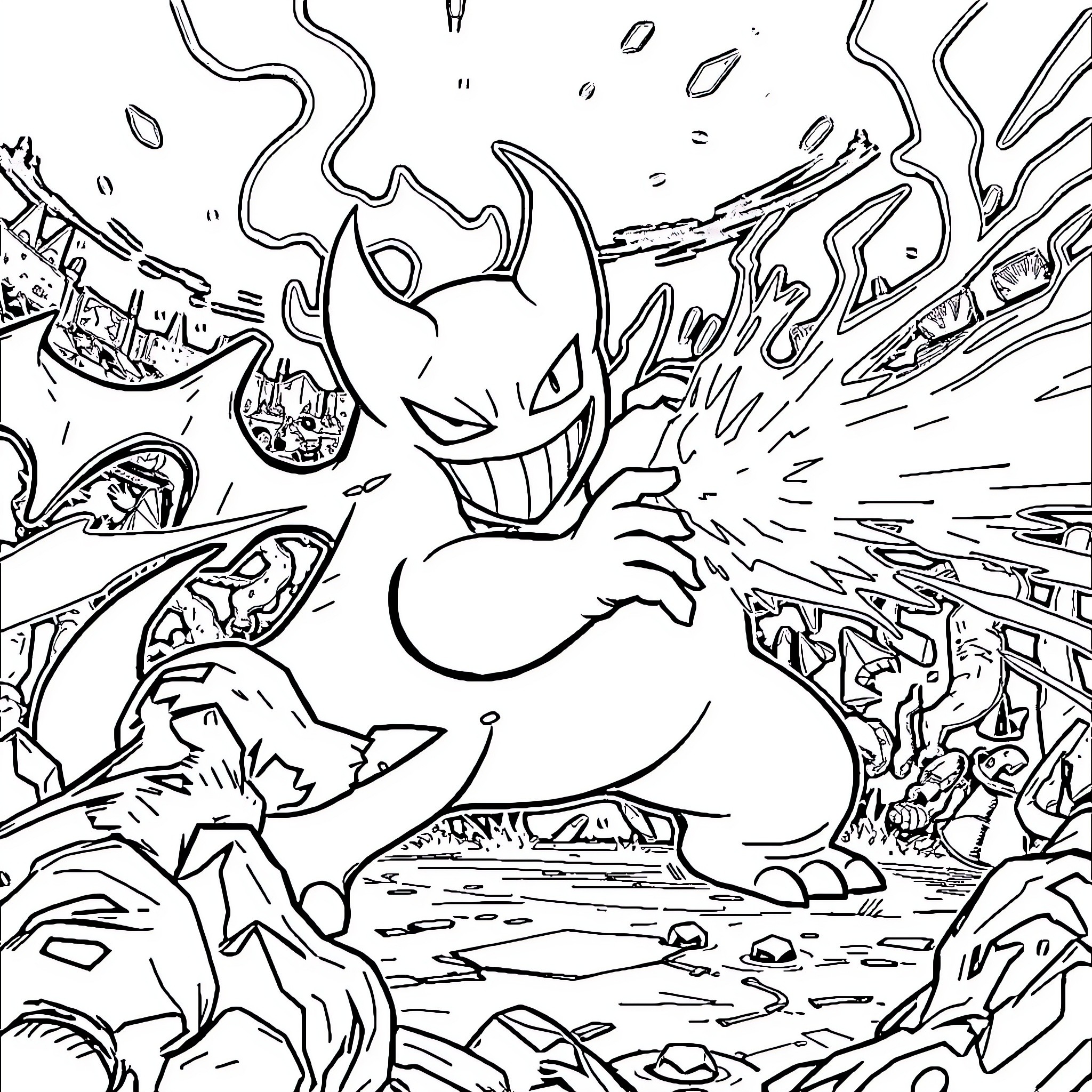 Gengar unleashing powerful attack in chaotic scene Coloring Page (free black-and-white line drawing printable PDF for all, from beginners to advanced learners, including children, teens, adults, and seniors)