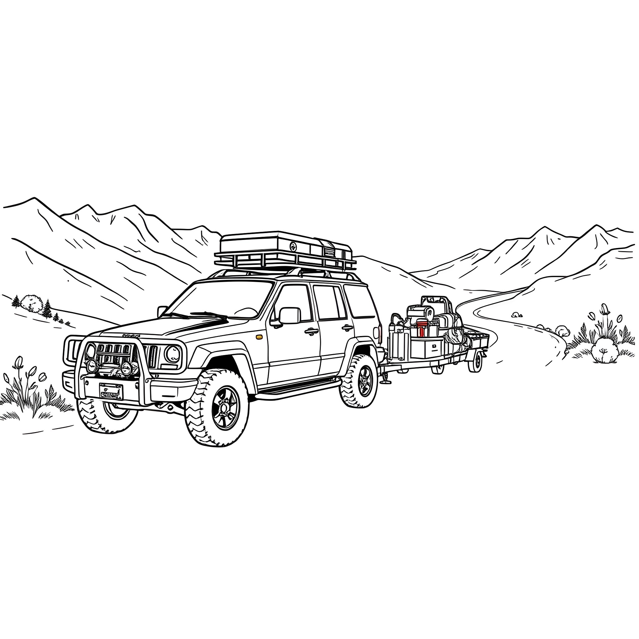 Car Trailer Towing Adventure in the Mountains Coloring Page (free black-and-white line drawing printable PDF for all, from beginners to advanced learners, including children, teens, adults, and seniors)