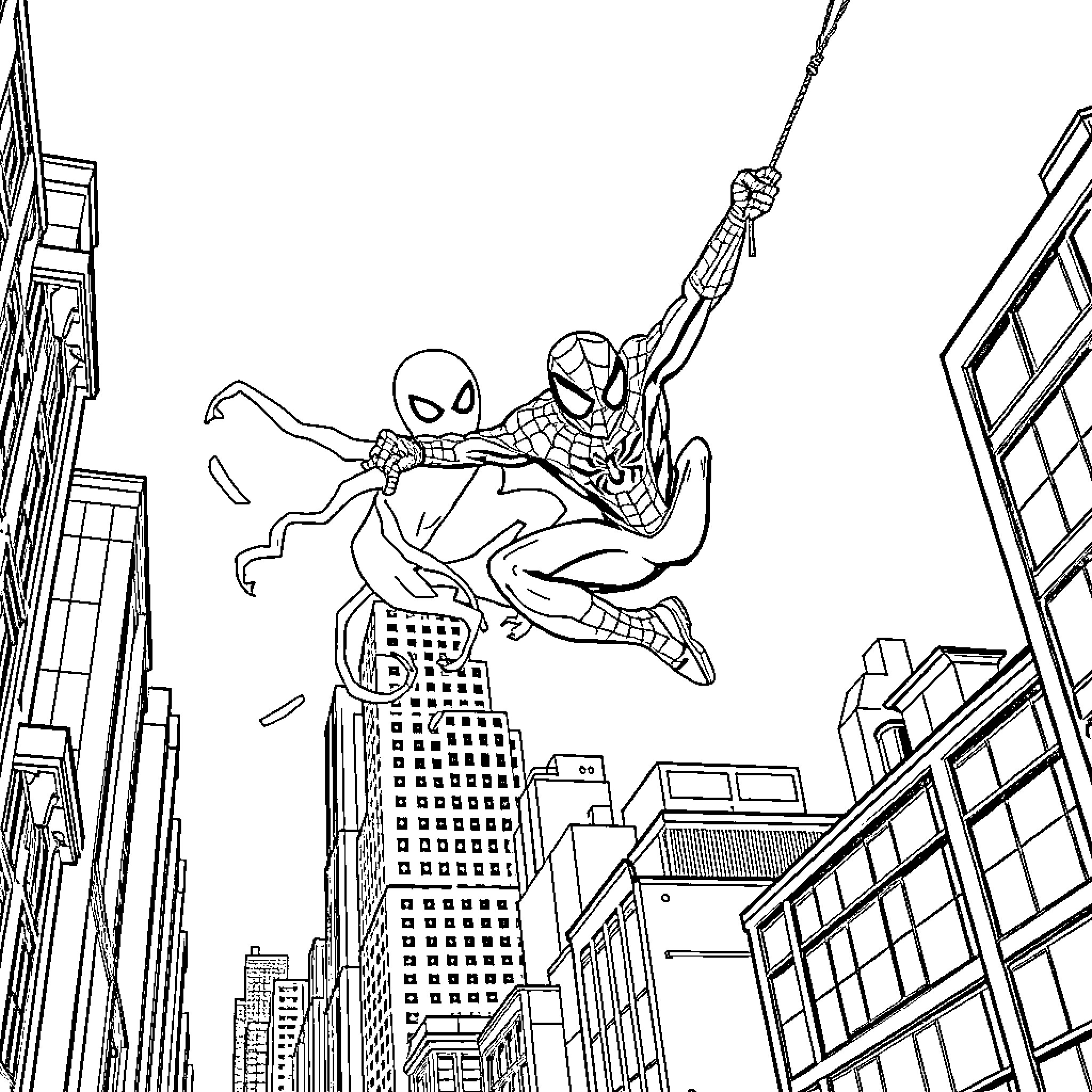 Spider-Man swinging through the city skyline Coloring Page (free black-and-white line drawing printable PDF for all, from beginners to advanced learners, including children, teens, adults, and seniors)