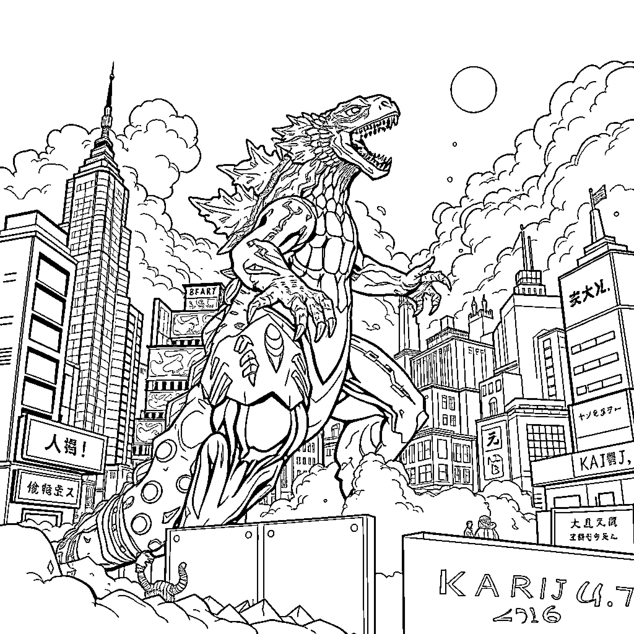 Kaiju Rampaging Through Cityscape Coloring Page (free black-and-white line drawing printable PDF for all, from beginners to advanced learners, including children, teens, adults, and seniors)