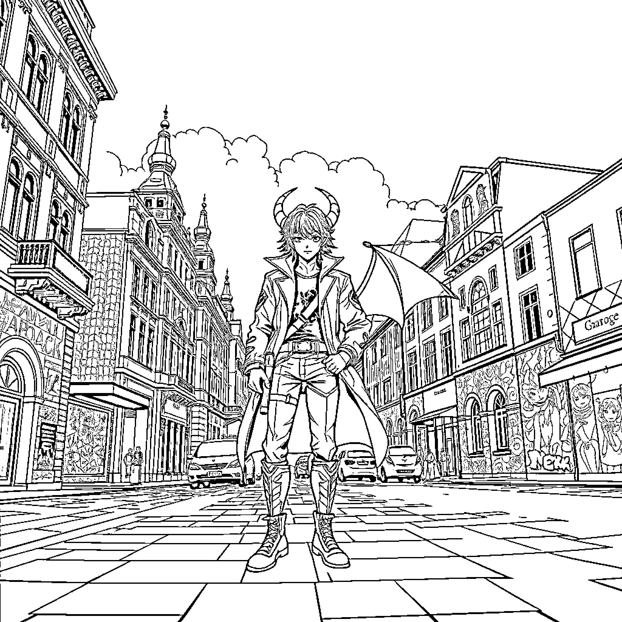 Demon Hunter Traverses Fantastical Urban Landscape Coloring Page (free black-and-white line drawing printable PDF for all, from beginners to advanced learners, including children, teens, adults, and seniors)