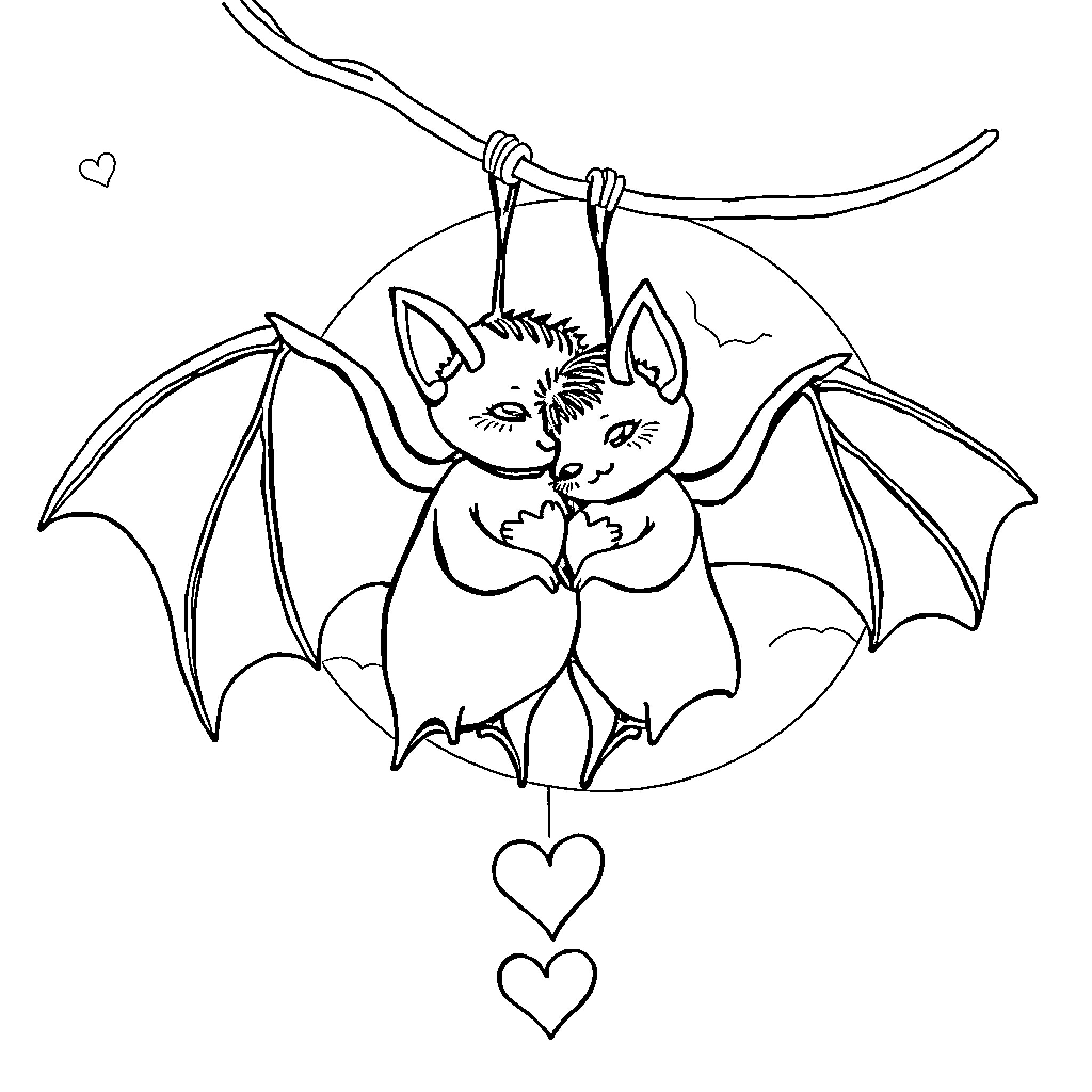 Bat hanging with hearts in the sky Coloring Page (free black-and-white line drawing printable PDF for all, from beginners to advanced learners, including children, teens, adults, and seniors)