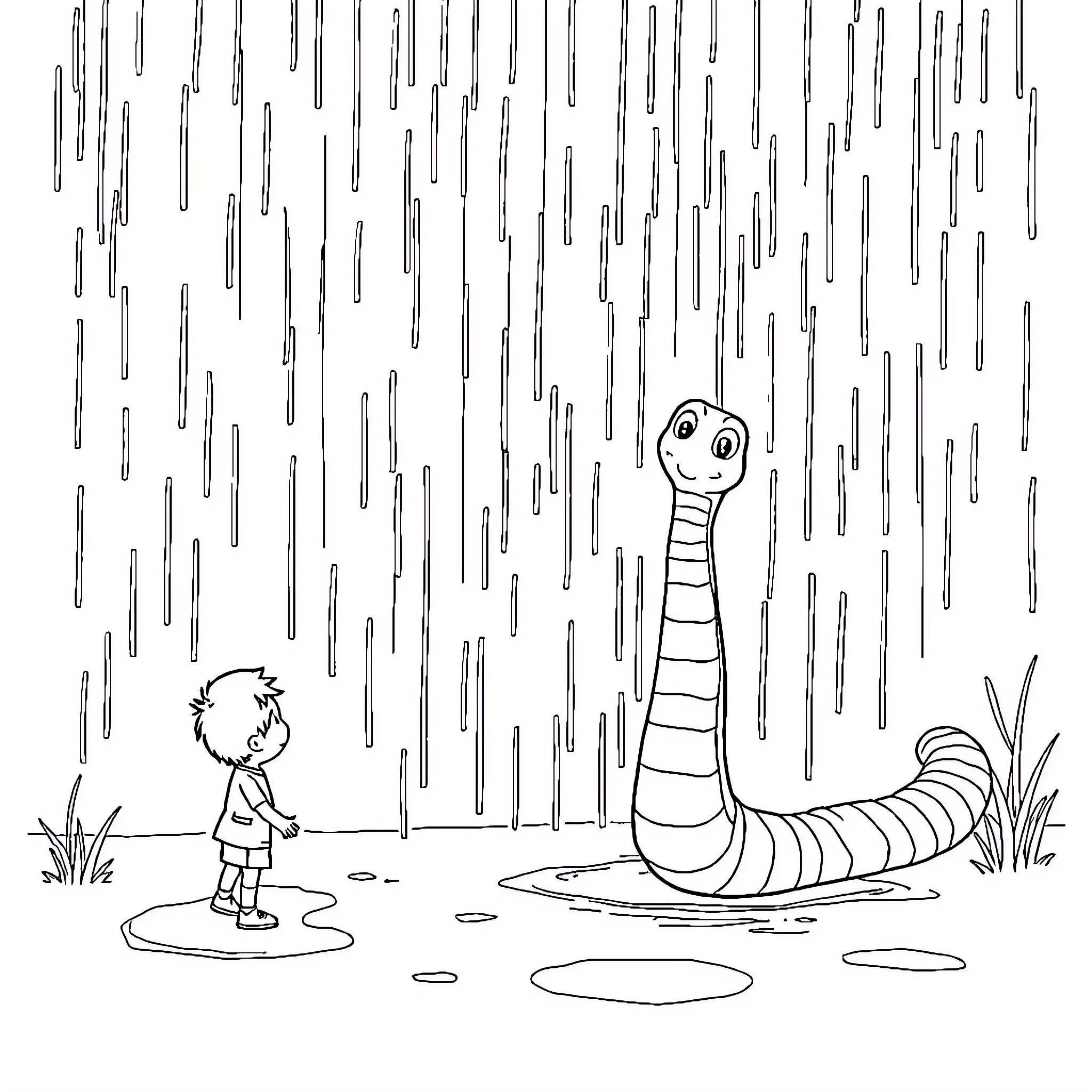 Kid observing curious snake-like creature in rain Coloring Page (free black-and-white line drawing printable PDF for all, from beginners to advanced learners, including children, teens, adults, and seniors)