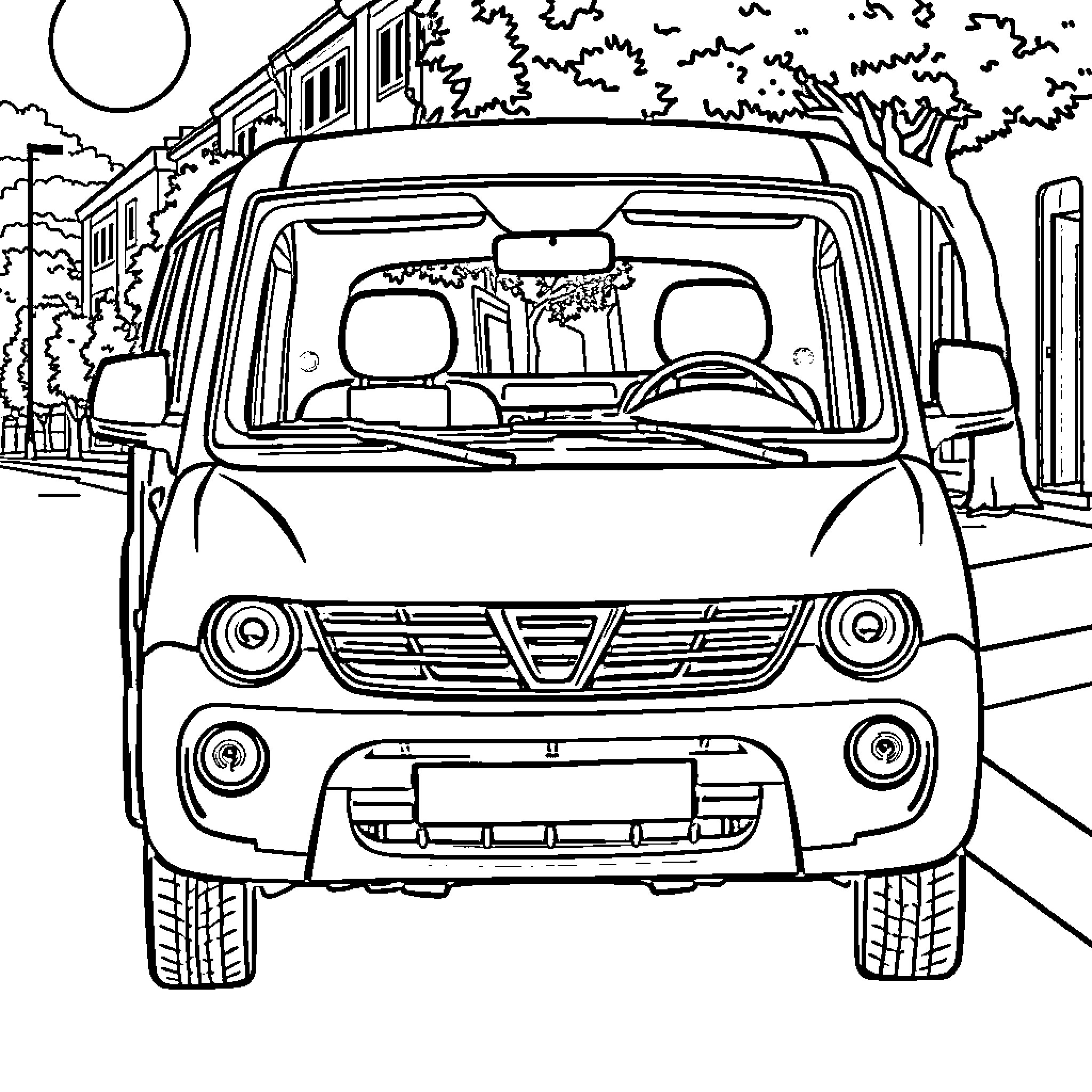 Dacia car driving on a city street Coloring Page (free black-and-white line drawing printable PDF for all, from beginners to advanced learners, including children, teens, adults, and seniors)