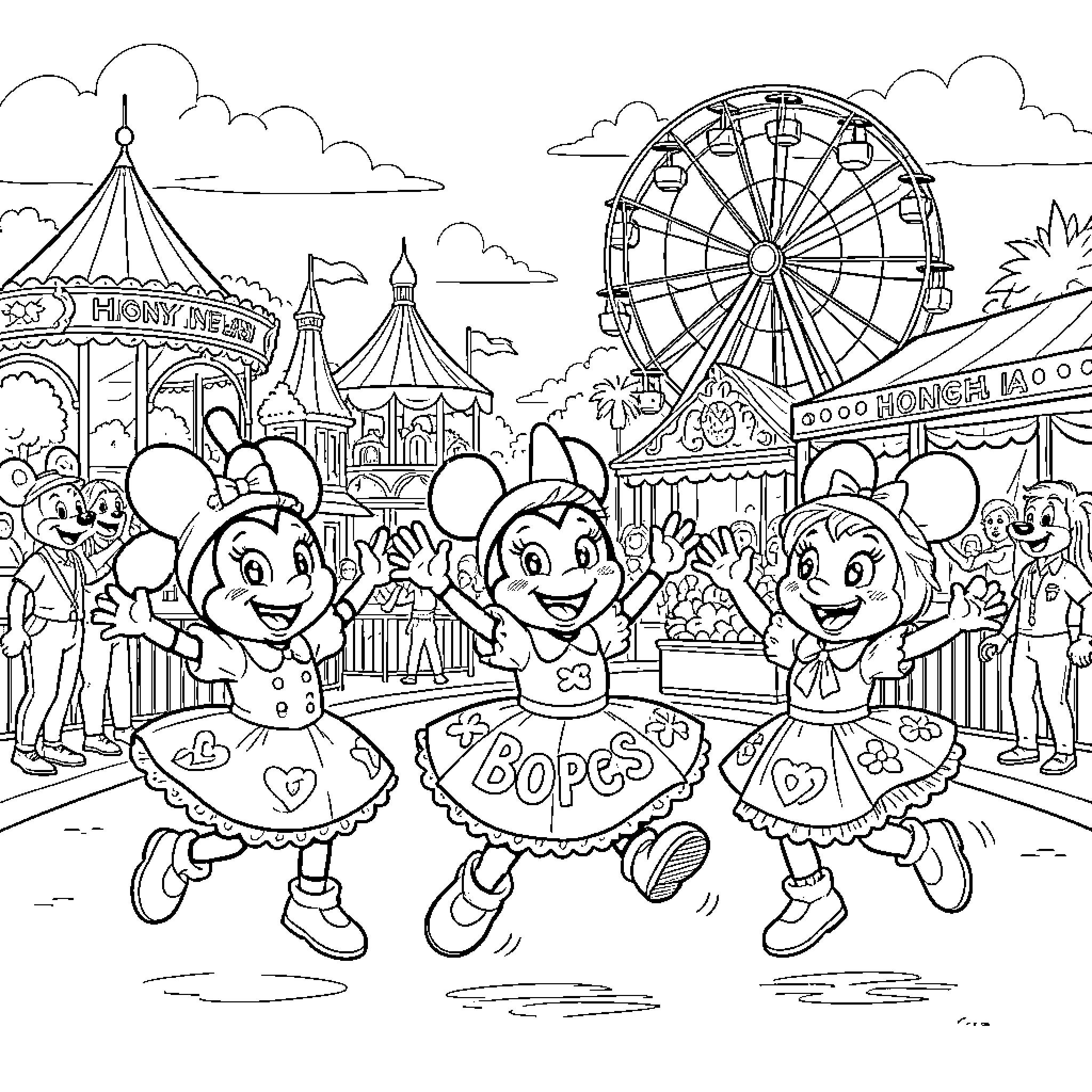 Disney Hoppers Enjoy Lively Carnival Scene Coloring Page (free black-and-white line drawing printable PDF for all, from beginners to advanced learners, including children, teens, adults, and seniors)