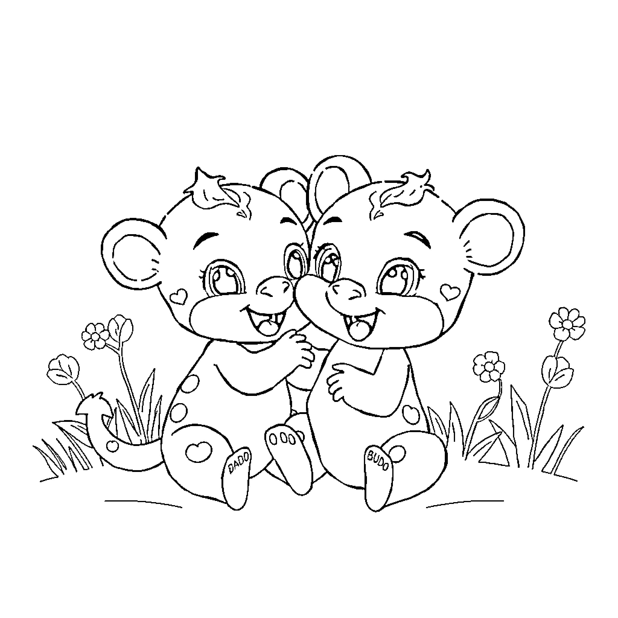 Bubu Dudu's Happy Adventure in the Meadow Coloring Page (free black-and-white line drawing printable PDF for all, from beginners to advanced learners, including children, teens, adults, and seniors)