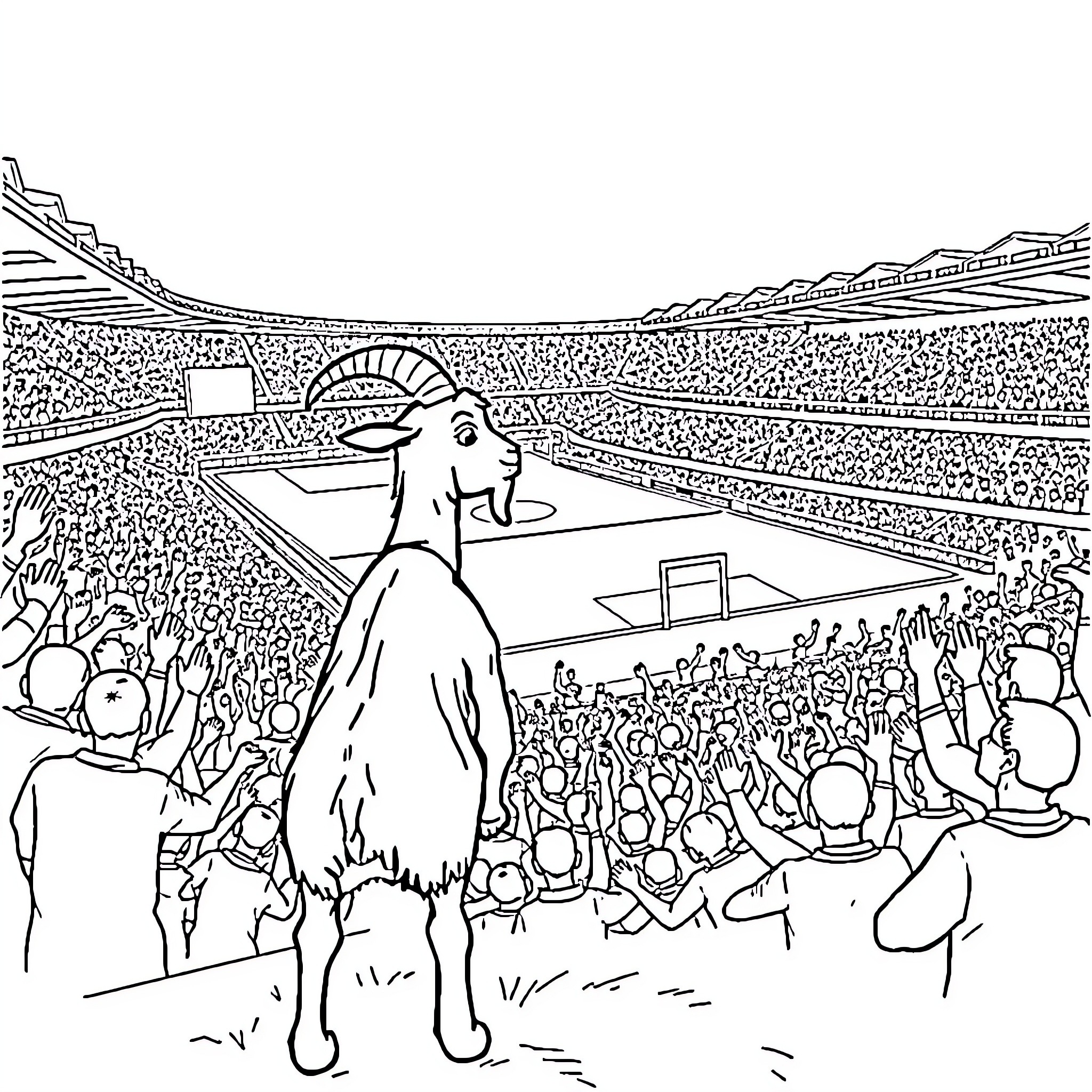 Goat spectator at a crowded sporting event Coloring Page (free black-and-white line drawing printable PDF for all, from beginners to advanced learners, including children, teens, adults, and seniors)