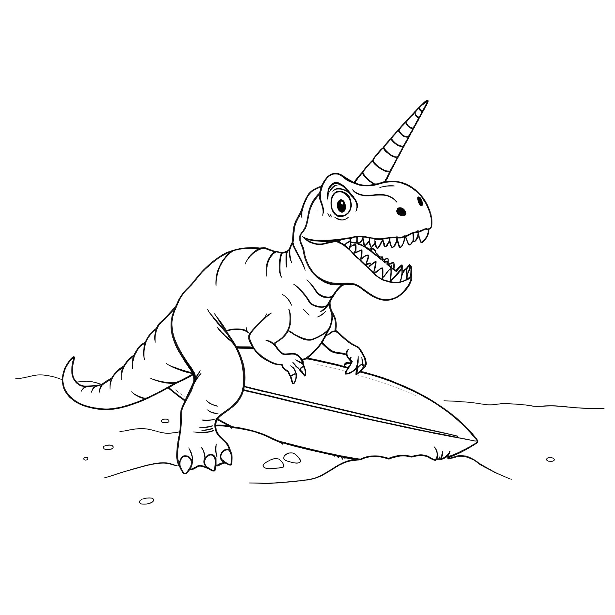 Trex riding a surfboard on the beach Coloring Page (free black-and-white line drawing printable PDF for all, from beginners to advanced learners, including children, teens, adults, and seniors)