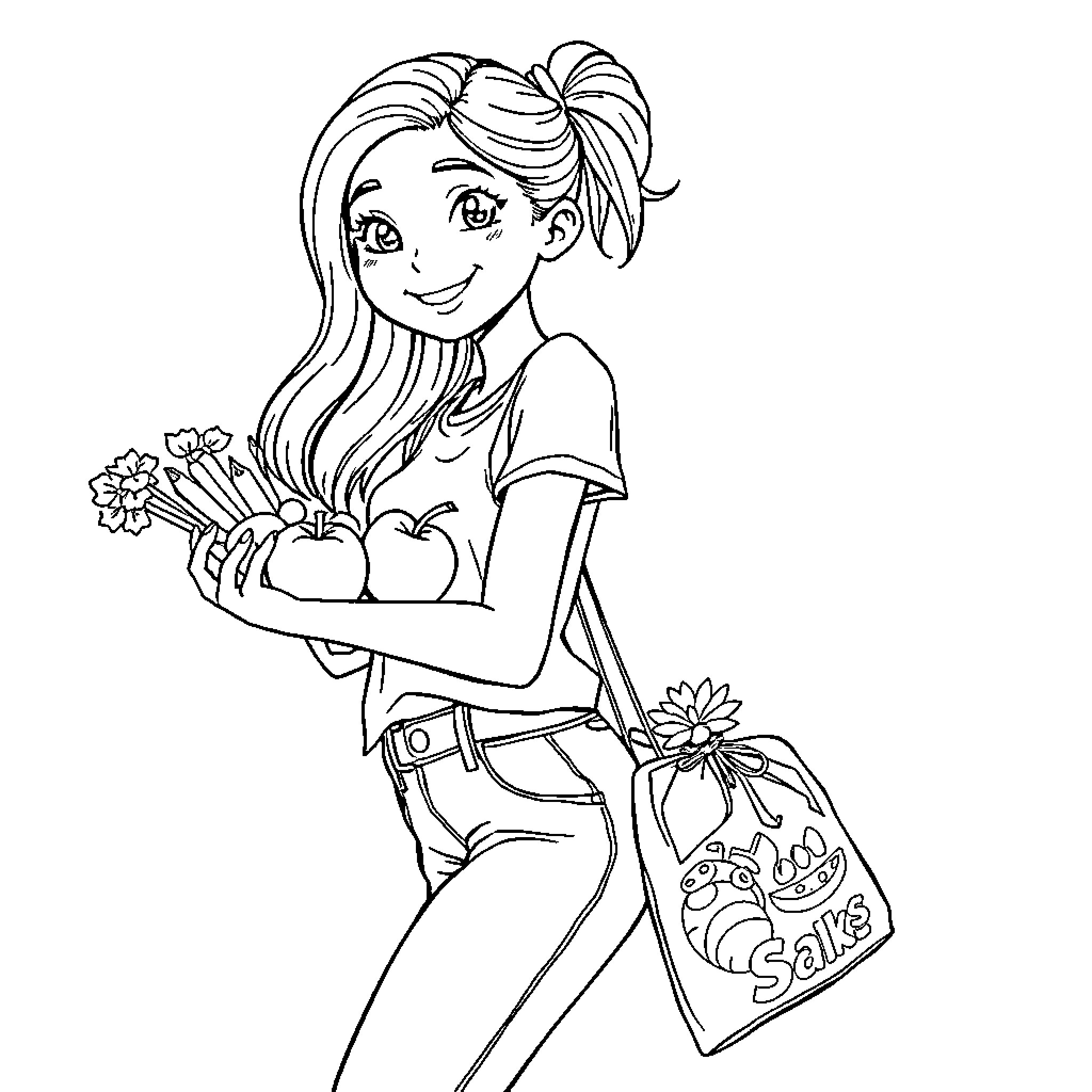 Girl carrying flowers and shopping bag Coloring Page (free black-and-white line drawing printable PDF for all, from beginners to advanced learners, including children, teens, adults, and seniors)
