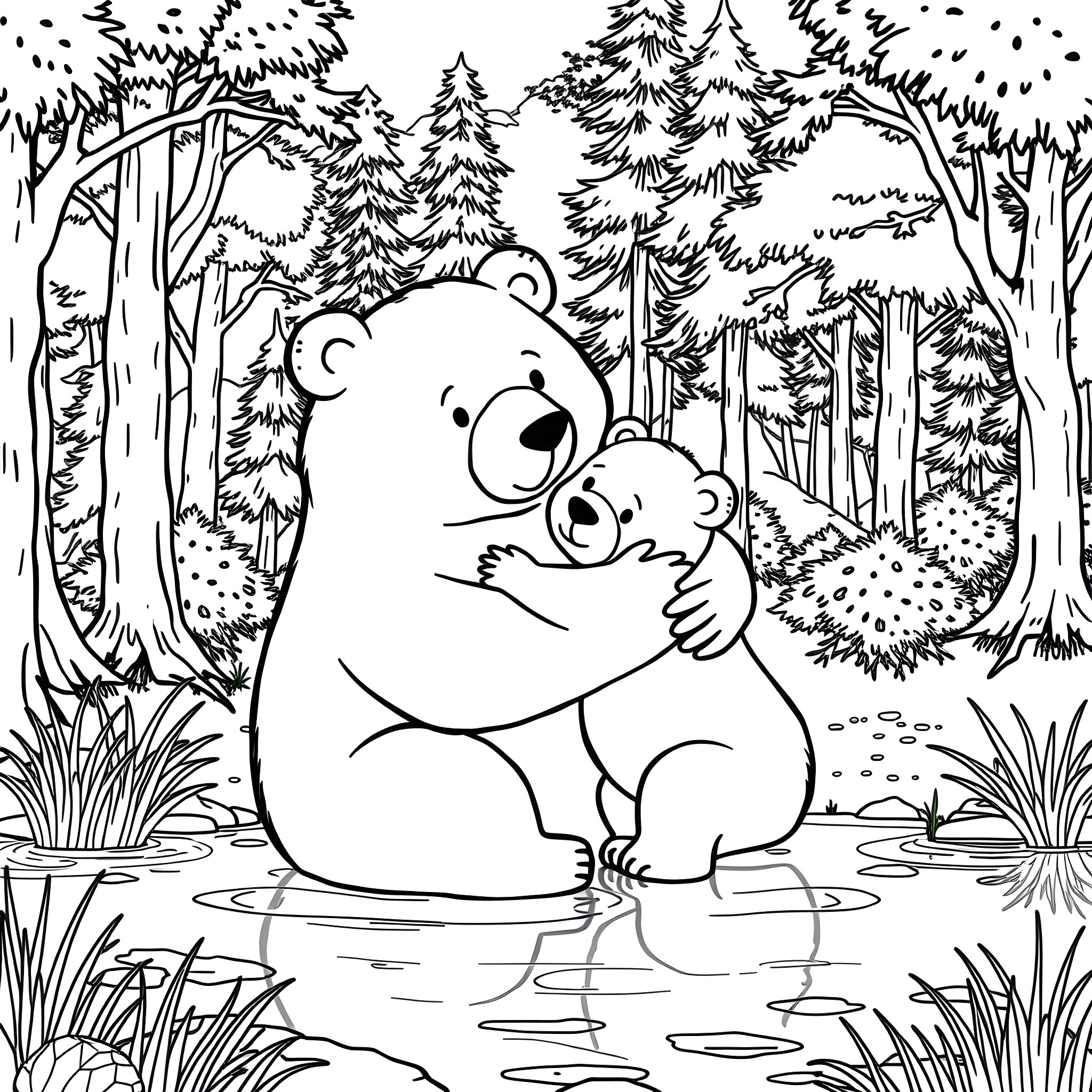 Bear family playing in forest pond Coloring Page (free black-and-white line drawing printable PDF for all, from beginners to advanced learners, including children, teens, adults, and seniors)