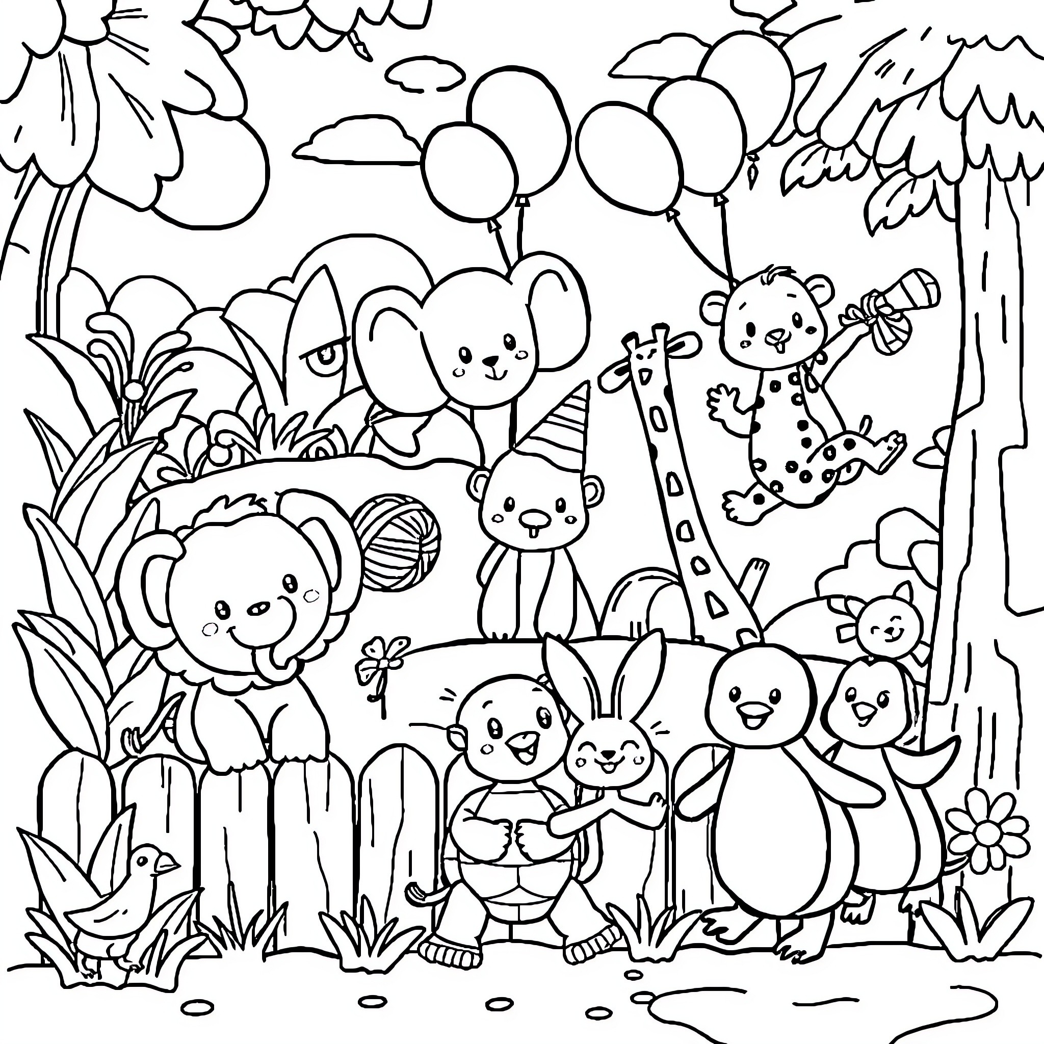 Animal friends playing in a whimsical forest scene Coloring Page (free black-and-white line drawing printable PDF for all, from beginners to advanced learners, including children, teens, adults, and seniors)