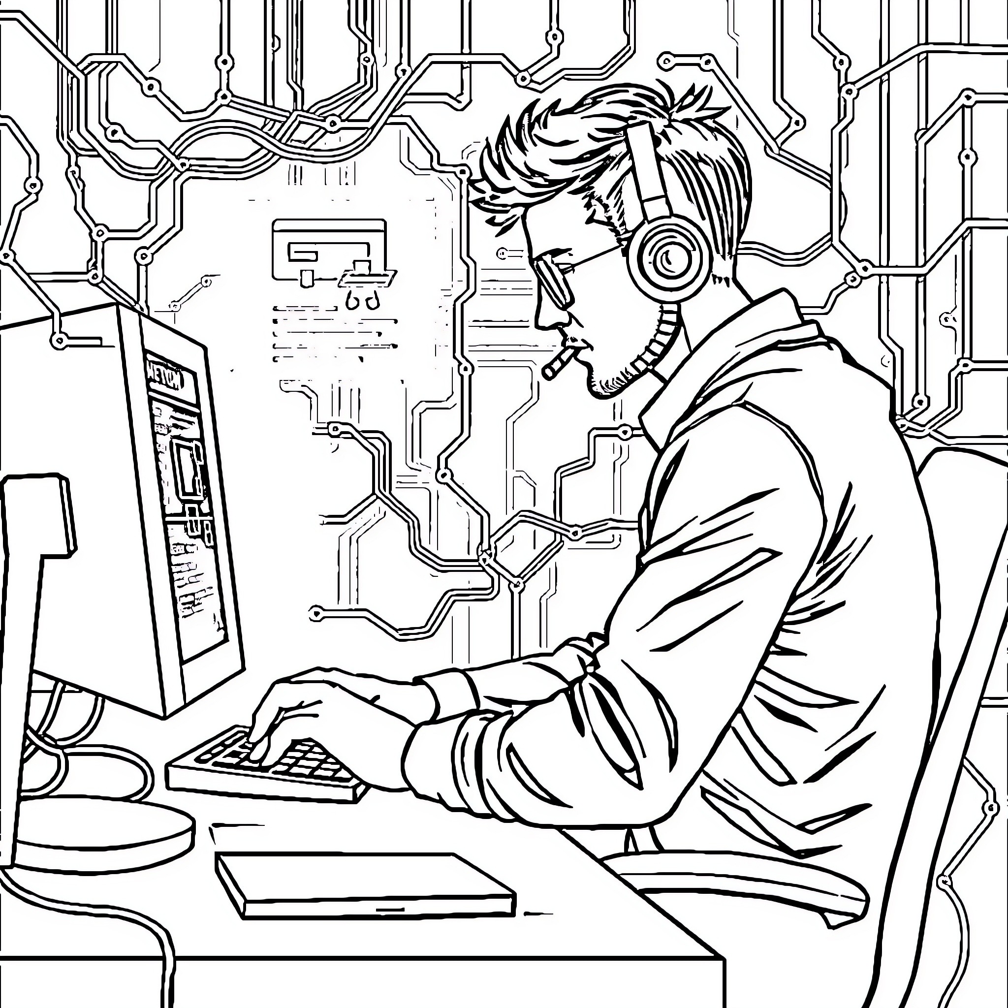 Hacker at work with futuristic computer interface Coloring Page (free black-and-white line drawing printable PDF for all, from beginners to advanced learners, including children, teens, adults, and seniors)