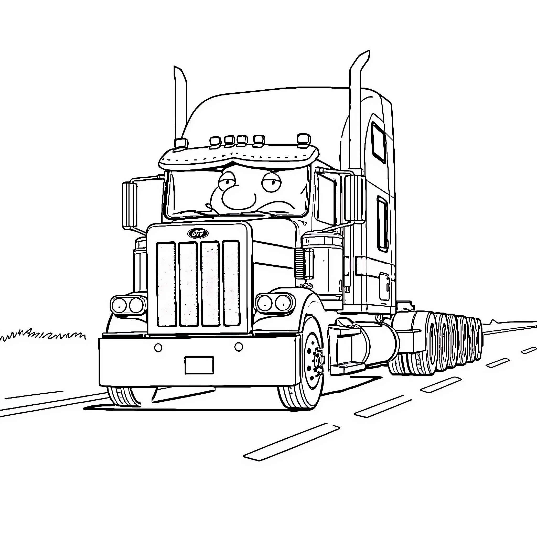 Peterbilt truck with cartoon-like expression on road Coloring Page (free black-and-white line drawing printable PDF for all, from beginners to advanced learners, including children, teens, adults, and seniors)