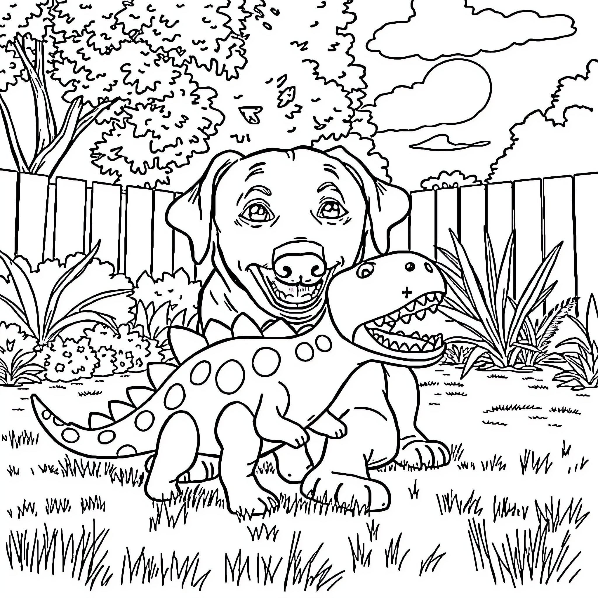 Labrador playing with dinosaur toy in backyard Coloring Page (free black-and-white line drawing printable PDF for all, from beginners to advanced learners, including children, teens, adults, and seniors)