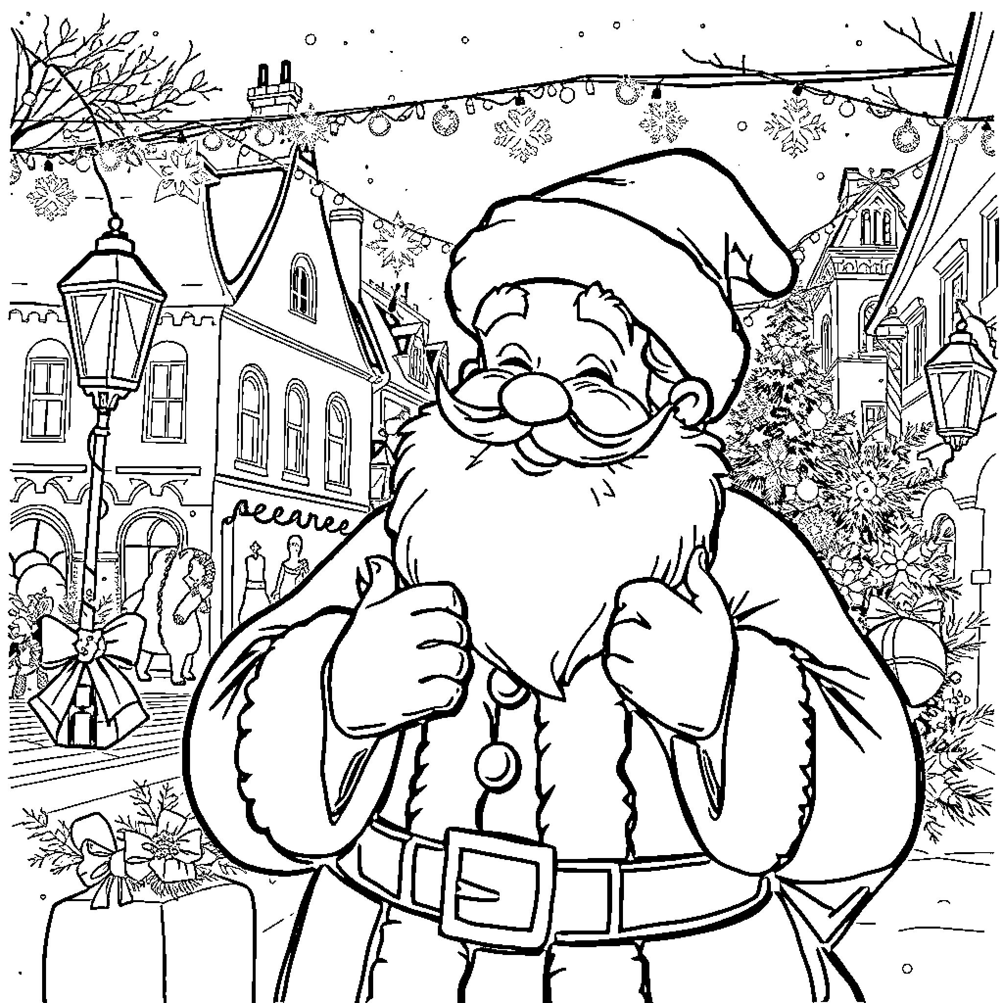 Santa Claus spreading holiday cheer in town Coloring Page (free black-and-white line drawing printable PDF for all, from beginners to advanced learners, including children, teens, adults, and seniors)