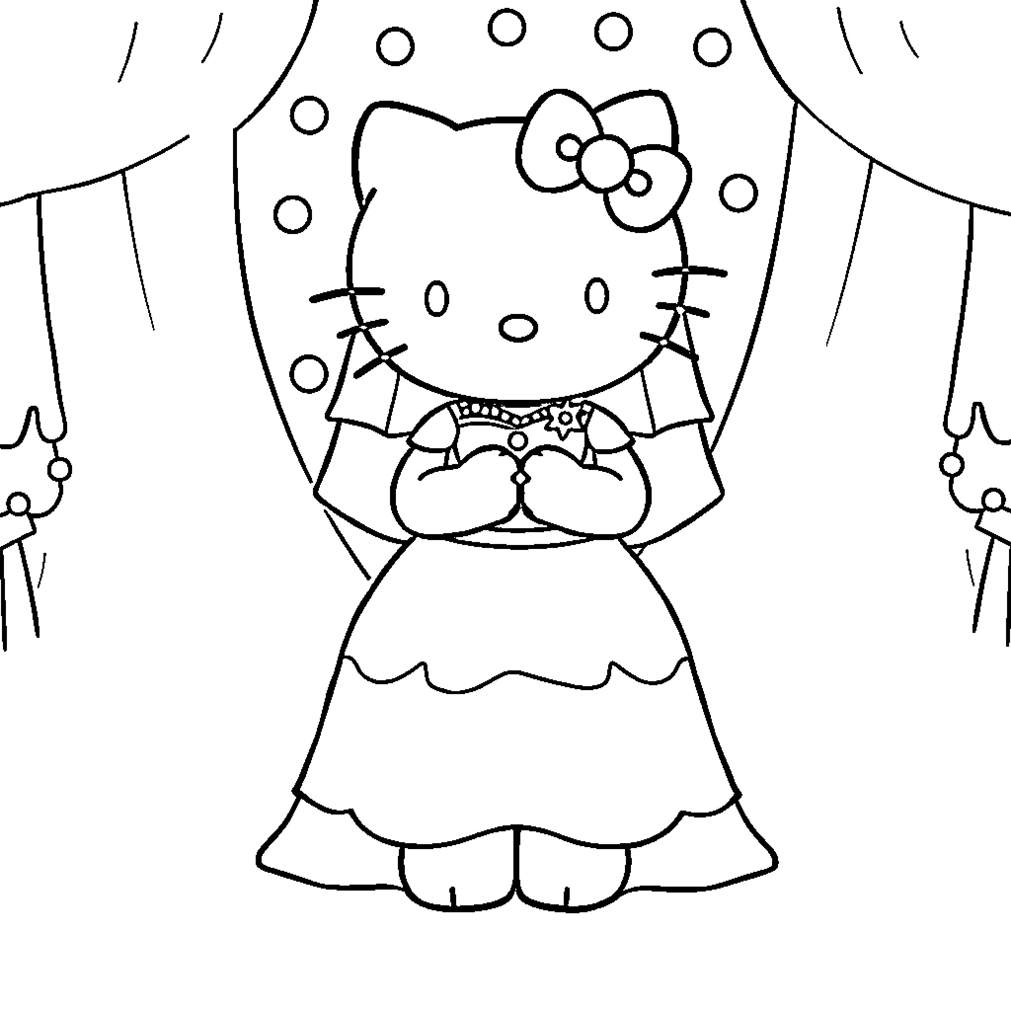Hello Kitty in a Fancy Dress Coloring Page (free black-and-white line drawing printable PDF for all, from beginners to advanced learners, including children, teens, adults, and seniors)