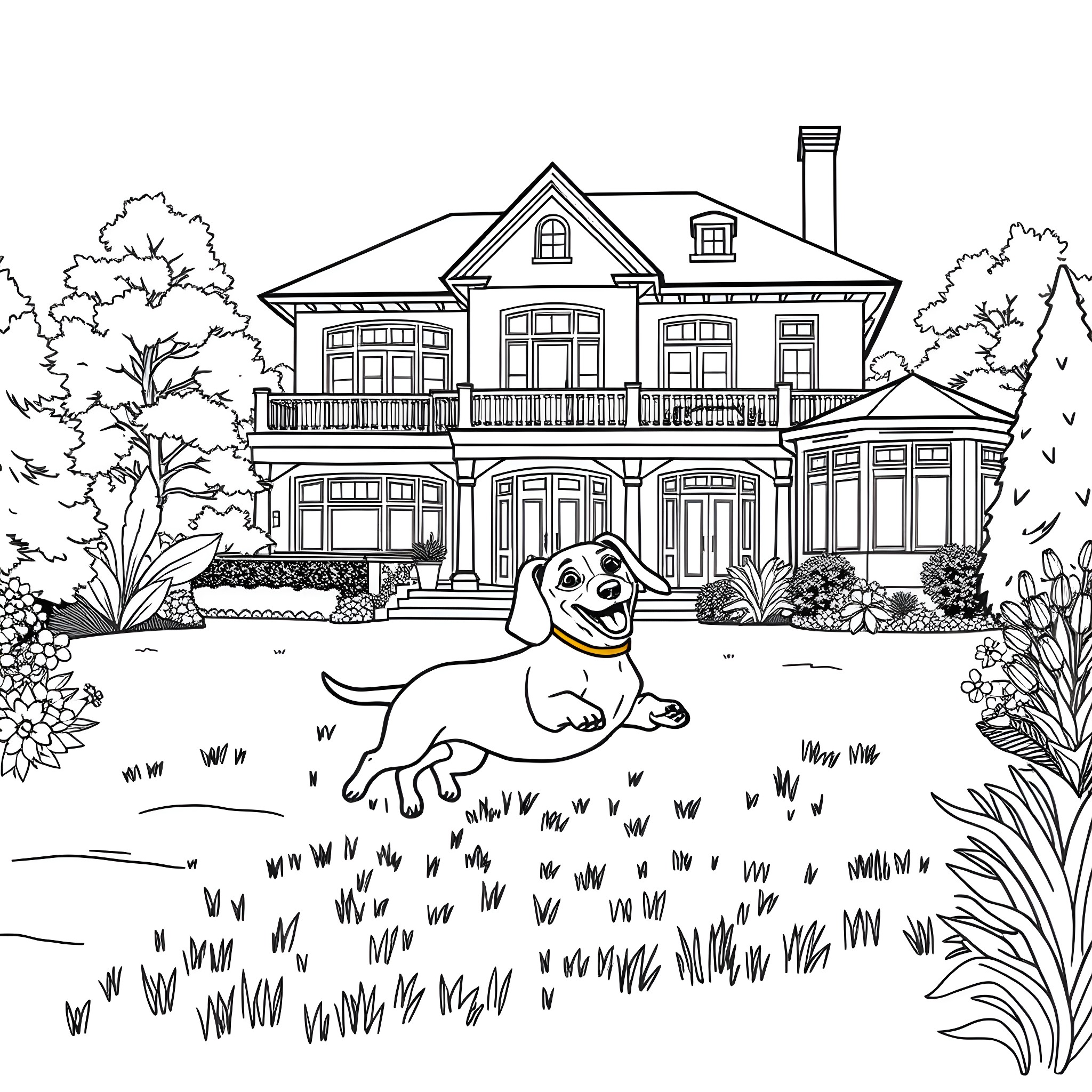 Dachshund playing joyfully in the backyard of a Victorian-style house Coloring Page (free black-and-white line drawing printable PDF for all, from beginners to advanced learners, including children, teens, adults, and seniors)