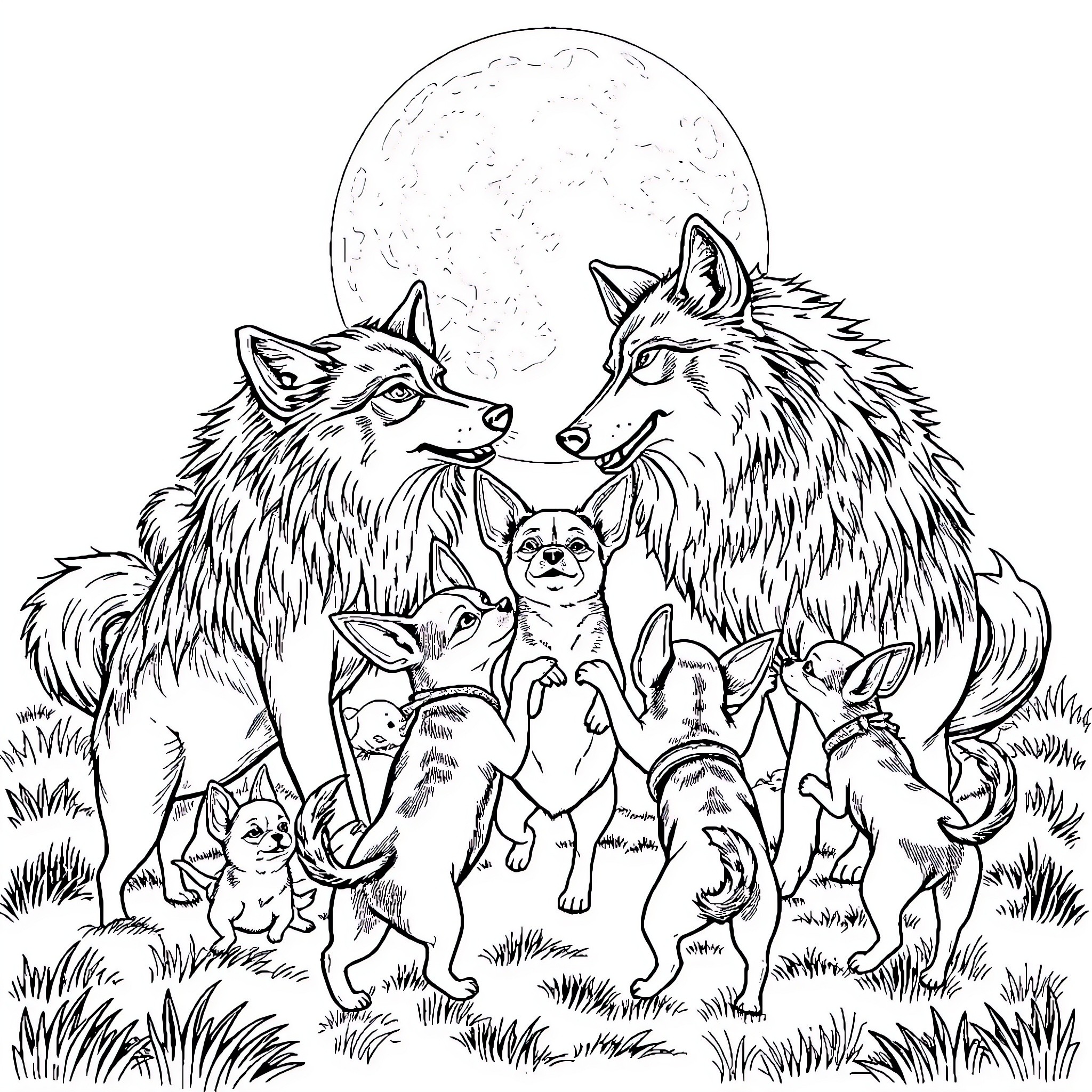 Chihuahuas interacting with wolves under the moonlight Coloring Page (free black-and-white line drawing printable PDF for all, from beginners to advanced learners, including children, teens, adults, and seniors)