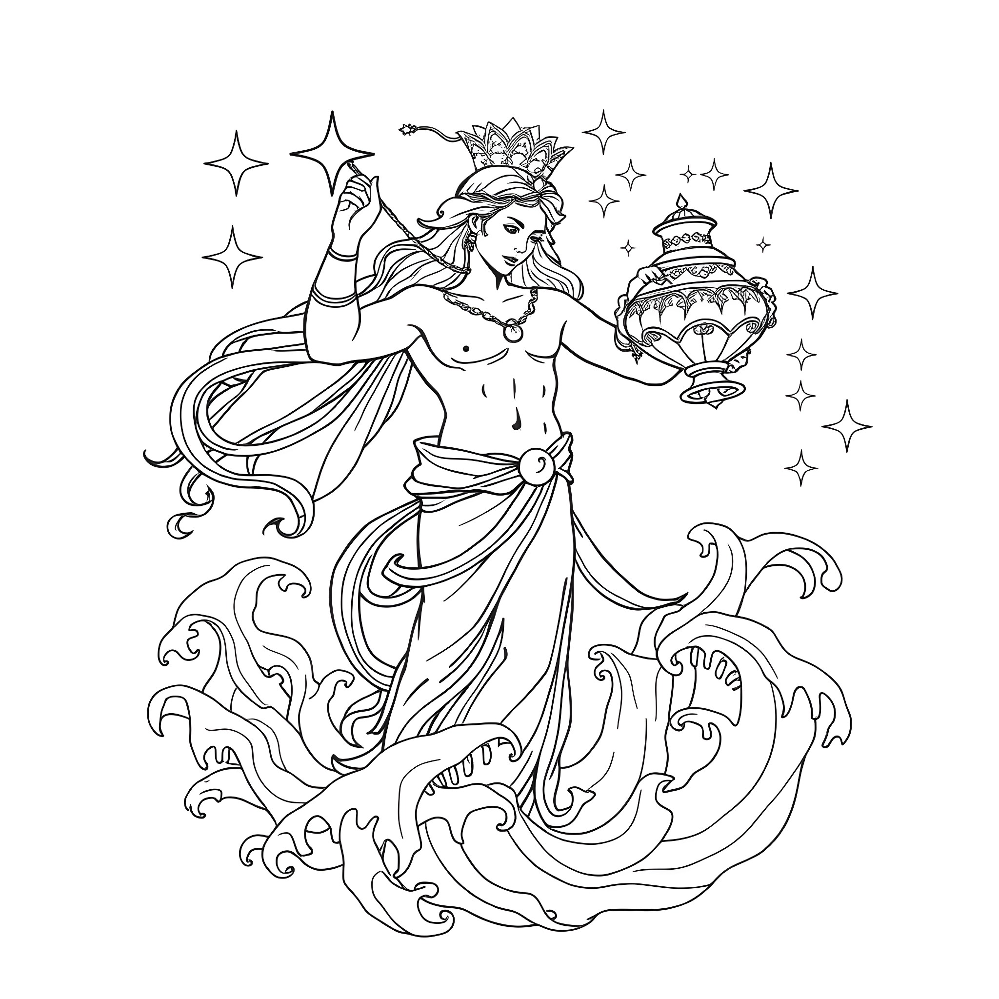 Aquarius - Celestial Goddess with Lantern Coloring Page (free black-and-white line drawing printable PDF for all, from beginners to advanced learners, including children, teens, adults, and seniors)