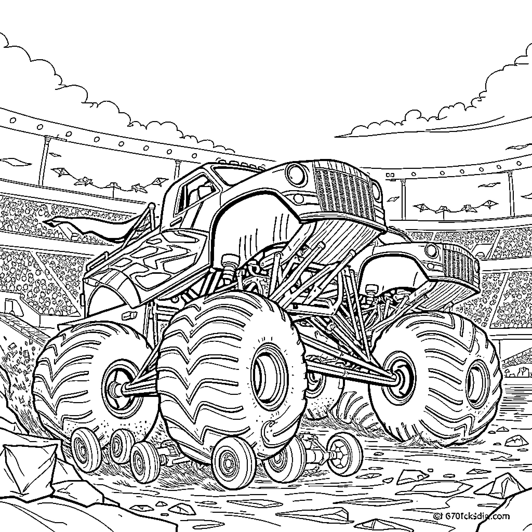 Monster Truck Crushing Through Obstacles in Stadium Coloring Page (free black-and-white line drawing printable PDF for all, from beginners to advanced learners, including children, teens, adults, and seniors)