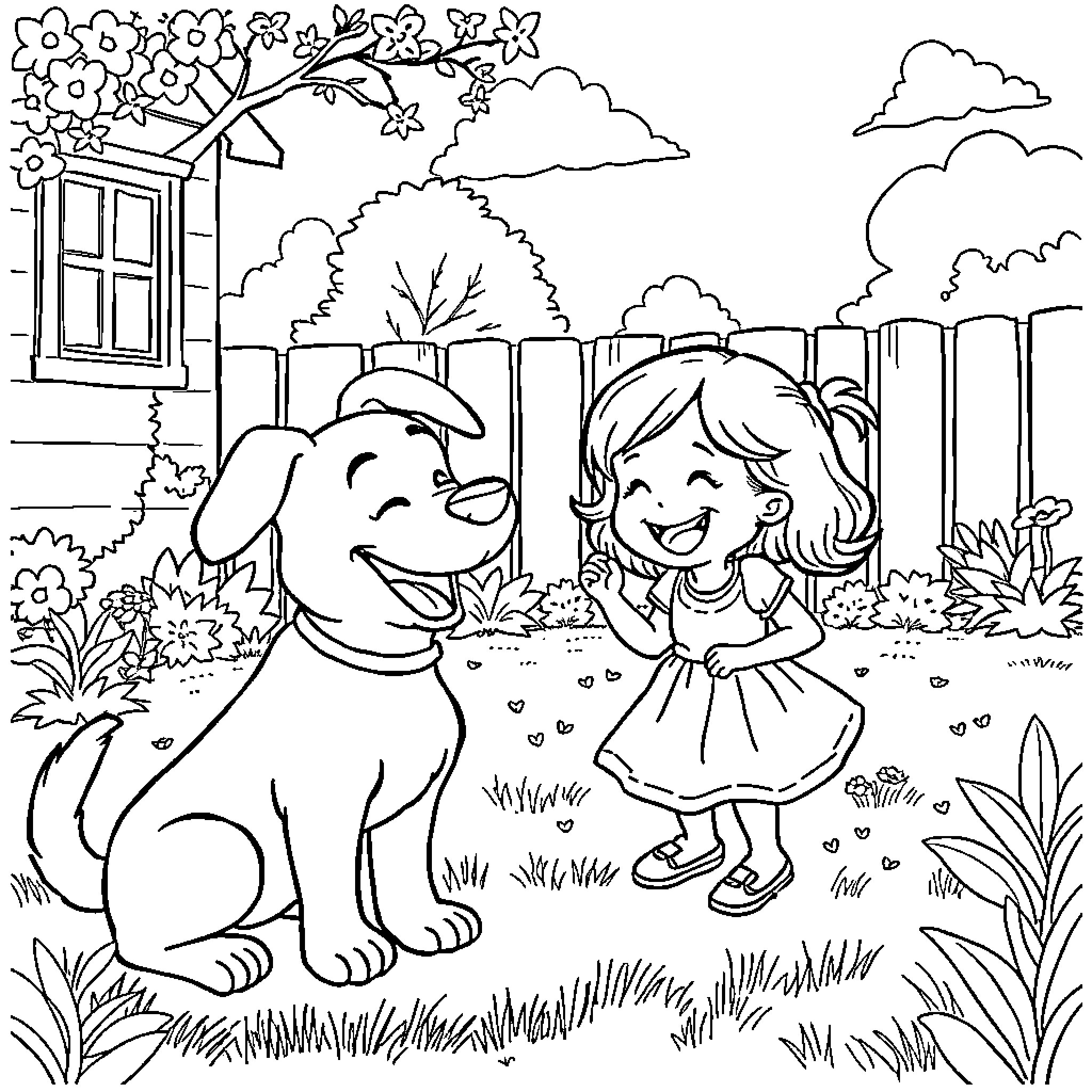 Bluey and her friend playing happily in the garden Coloring Page (free black-and-white line drawing printable PDF for all, from beginners to advanced learners, including children, teens, adults, and seniors)