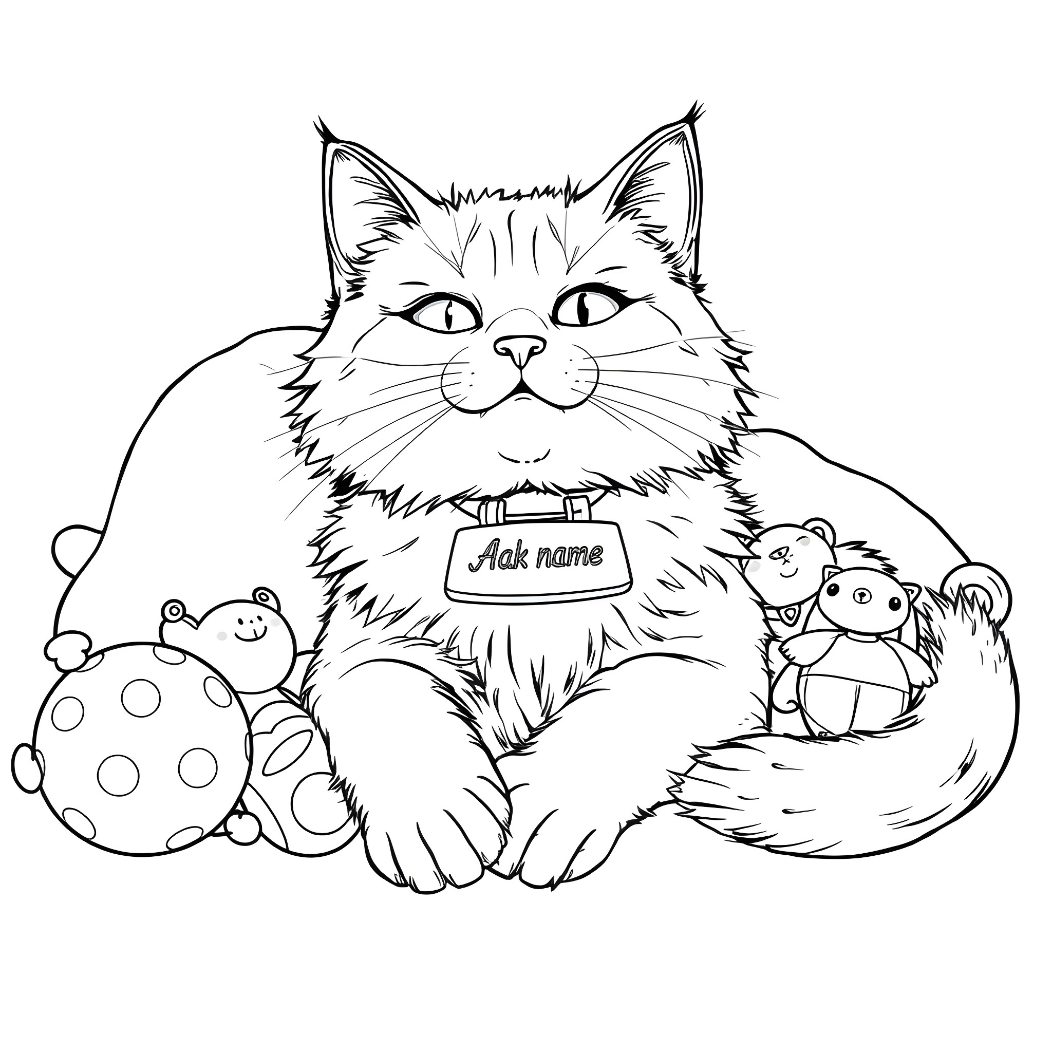 Cat with name tag surrounded by toys Coloring Page (free black-and-white line drawing printable PDF for all, from beginners to advanced learners, including children, teens, adults, and seniors)