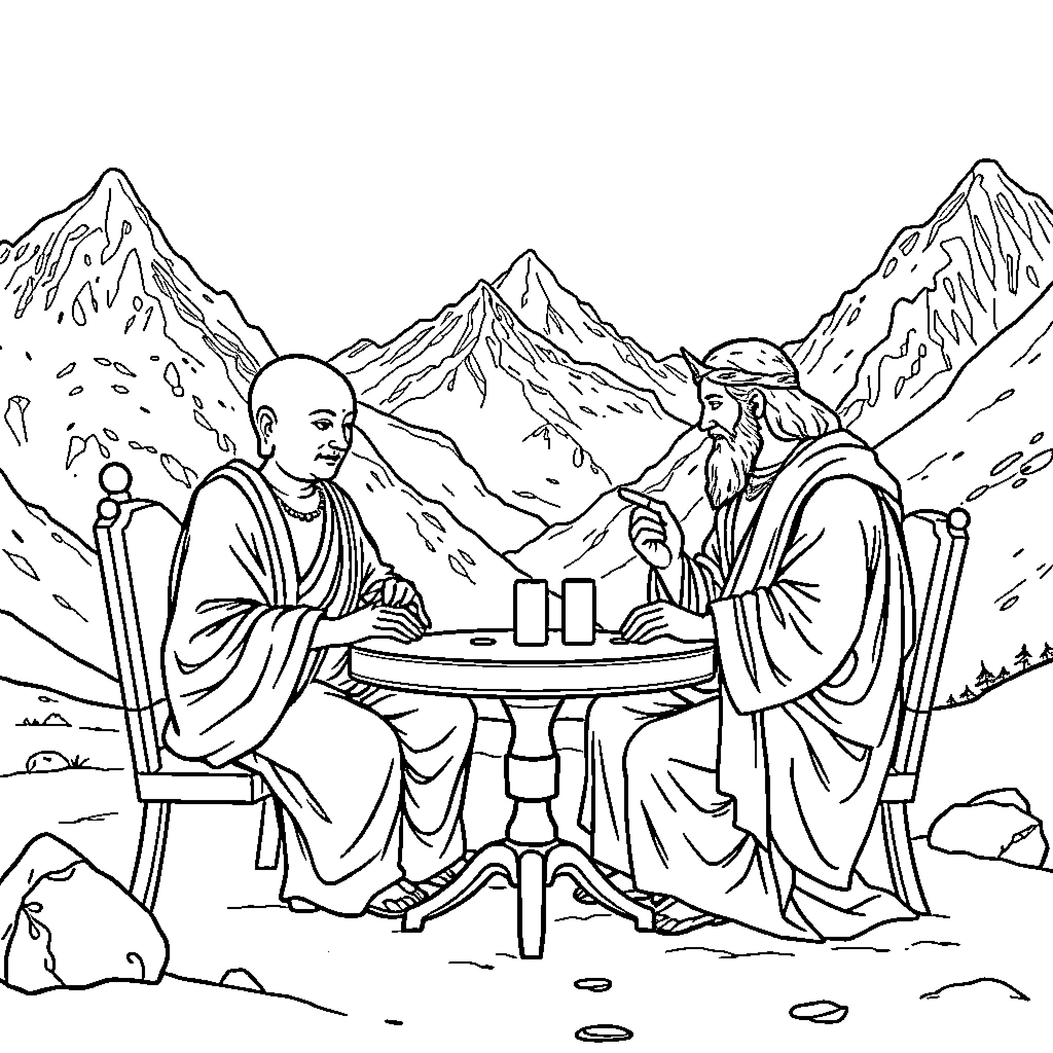 Buddha Contemplating with Wise Companion in Mountain Retreat Coloring Page (free black-and-white line drawing printable PDF for all, from beginners to advanced learners, including children, teens, adults, and seniors)