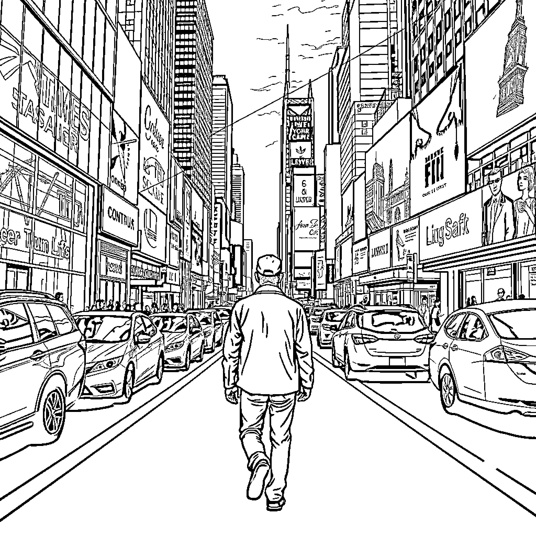Man walking through bustling city street Coloring Page (free black-and-white line drawing printable PDF for all, from beginners to advanced learners, including children, teens, adults, and seniors)
