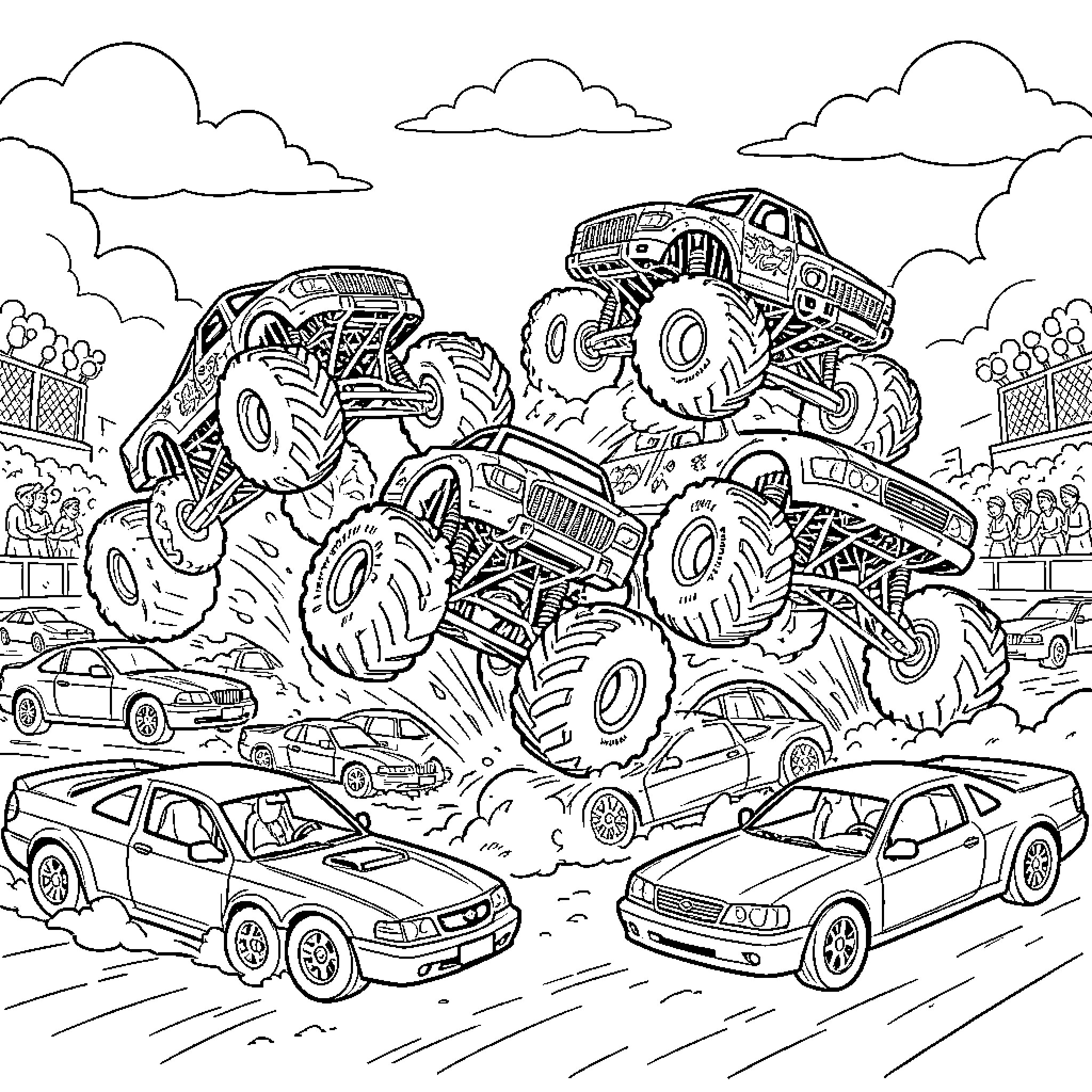 Monster Truck crushing small cars in a stadium arena Coloring Page (free black-and-white line drawing printable PDF for all, from beginners to advanced learners, including children, teens, adults, and seniors)