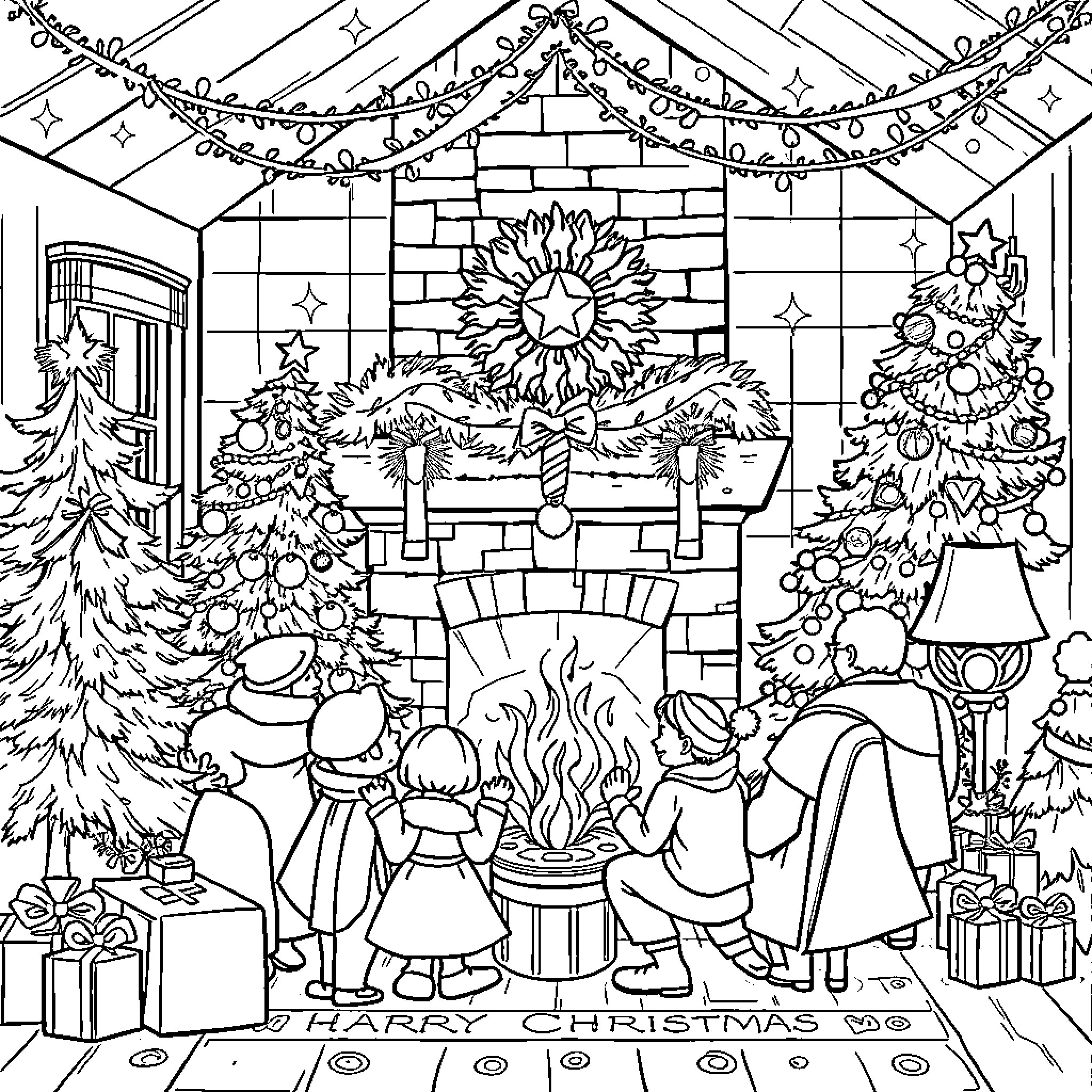 Christmas Family Gathering by the Fireplace Coloring Page (free black-and-white line drawing printable PDF for all, from beginners to advanced learners, including children, teens, adults, and seniors)