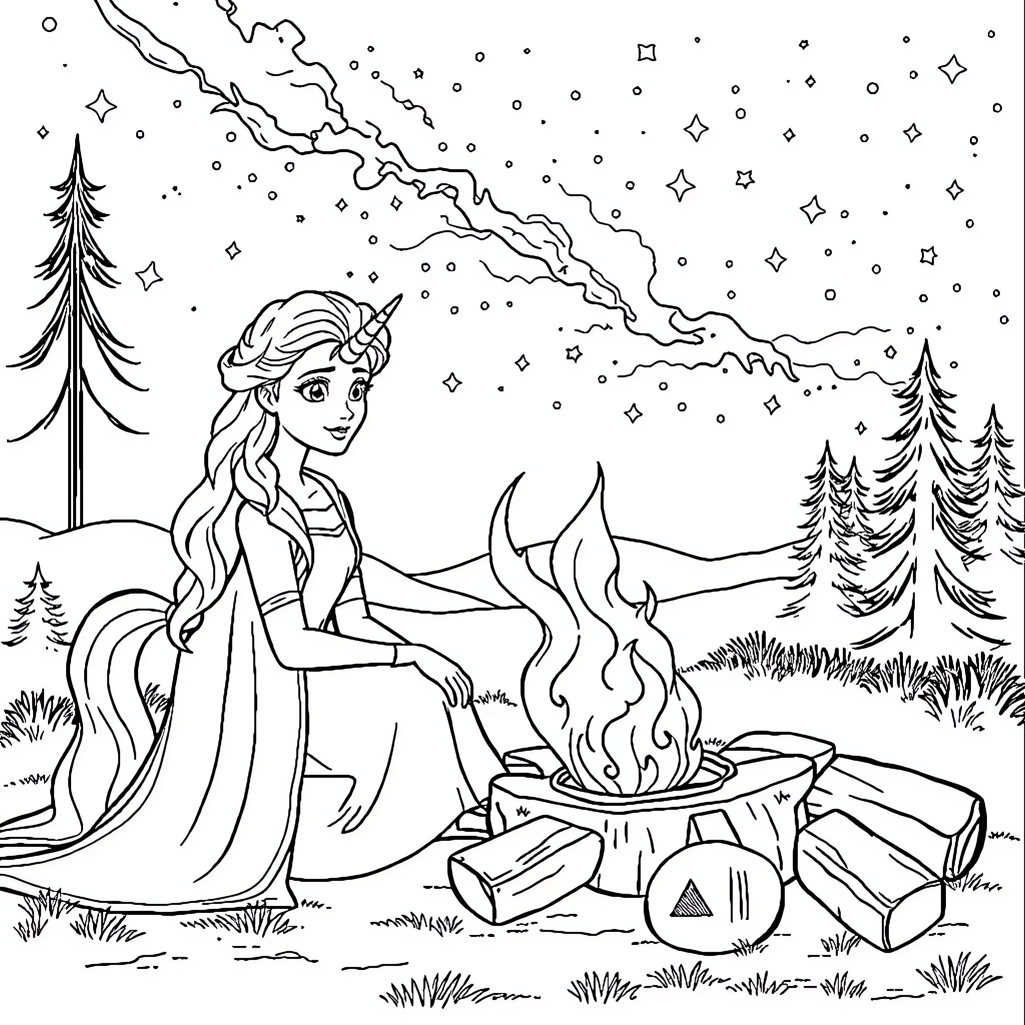 Elsa enjoying a cozy campfire in a winter wonderland Coloring Page (free black-and-white line drawing printable PDF for all, from beginners to advanced learners, including children, teens, adults, and seniors)
