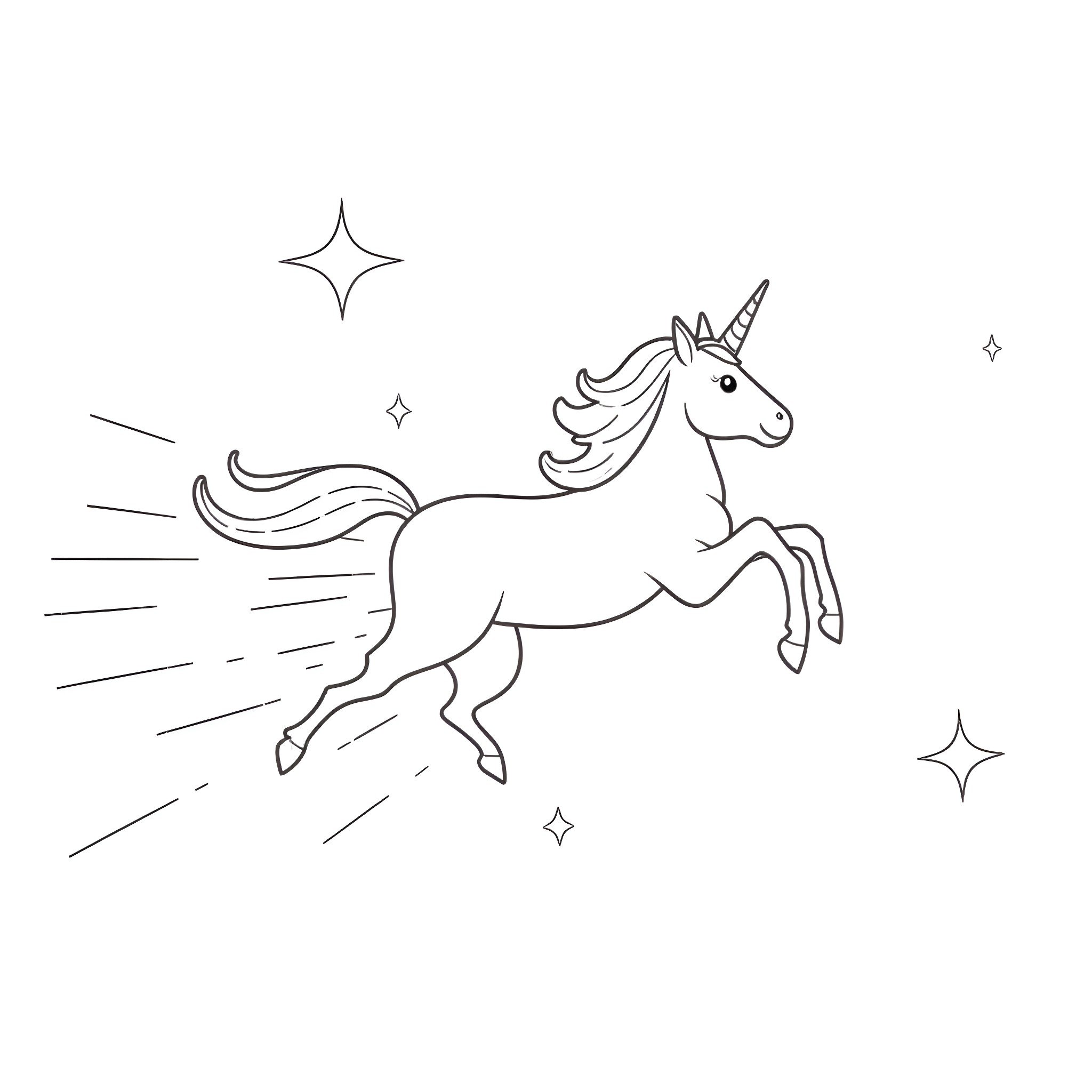 Unicorn running through a magical landscape Coloring Page (free black-and-white line drawing printable PDF for all, from beginners to advanced learners, including children, teens, adults, and seniors)