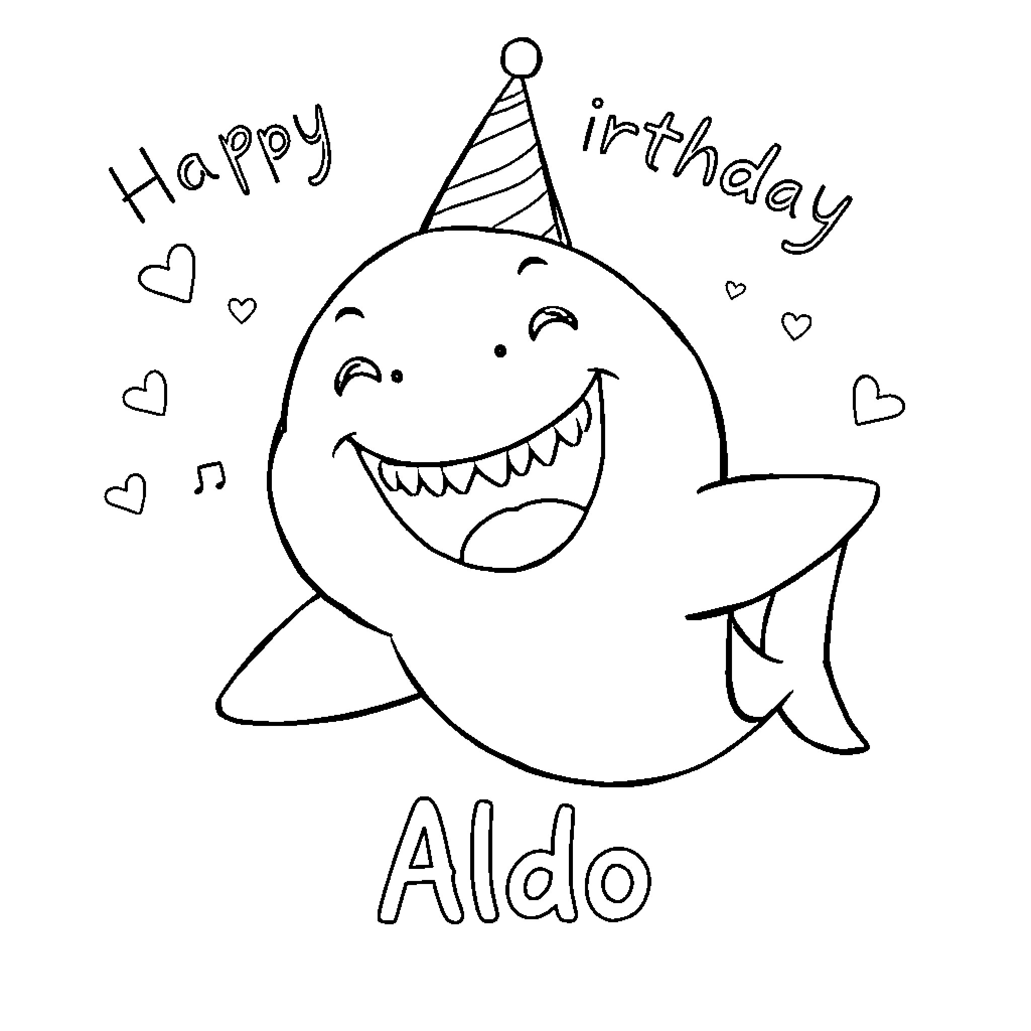 Baby Shark celebrating happy birthday with party hat Coloring Page (free black-and-white line drawing printable PDF for all, from beginners to advanced learners, including children, teens, adults, and seniors)