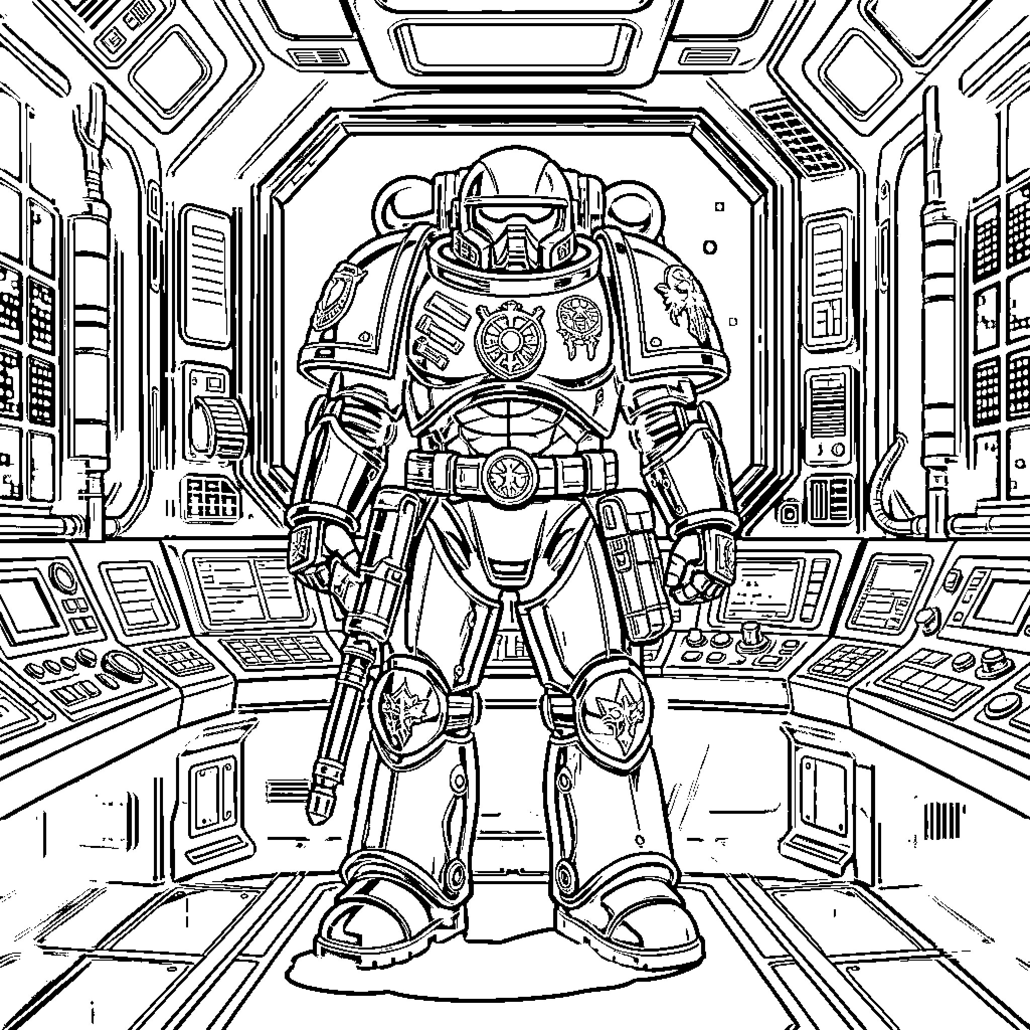 Space Marine in Futuristic Battle Armor Coloring Page (free black-and-white line drawing printable PDF for all, from beginners to advanced learners, including children, teens, adults, and seniors)
