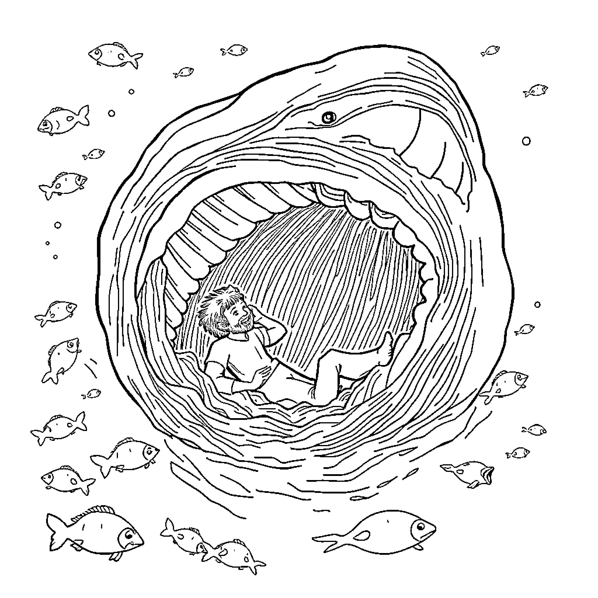Whale swallowing a person in the ocean Coloring Page (free black-and-white line drawing printable PDF for all, from beginners to advanced learners, including children, teens, adults, and seniors)